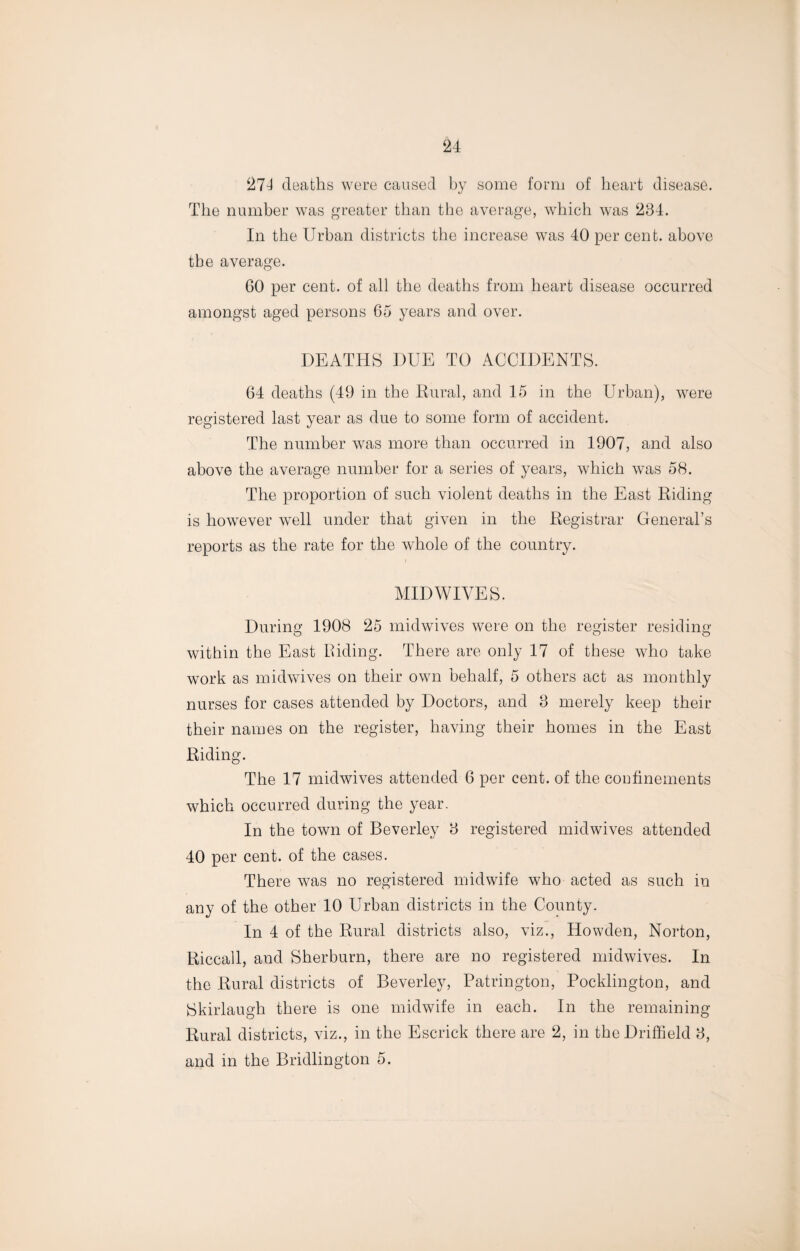 271 deaths were caused by some form of heart disease. The number was greater than the average, which was 234. In the Urban districts the increase was 40 per cent, above the average. GO per cent, of all the deaths from heart disease occurred amongst aged persons 65 years and over. DEATHS DUE TO ACCIDENTS. 64 deaths (49 in the Rural, and 15 in the Urban), were registered last year as due to some form of accident. The number was more than occurred in 1907, and also above the average number for a series of years, which was 58. The proportion of such violent deaths in the East Riding is however well under that given in the Registrar General’s reports as the rate for the whole of the country. MIDWIVES. During 1908 25 midwives were on the register residing within the East Riding. There are only 17 of these who take work as midwives on their own behalf, 5 others act as monthly nurses for cases attended by Doctors, and 3 merely keep their their names on the register, having their homes in the East Riding. The 17 midwives attended 6 per cent, of the confinements which occurred during the year. In the town of Beverley 3 registered midwives attended 40 per cent, of the cases. There was no registered midwife who acted as such in any of the other 10 Urban districts in the County. In 4 of the Rural districts also, viz., Howden, Norton, Riccall, and Sherburn, there are no registered midwives. In the Rural districts of Beverley, Patrington, Pocklington, and JSkirlaugh there is one midwife in each. In the remaining Rural districts, viz., in the Escrick there are 2, in the Driffield 3, and in the Bridlington 5.