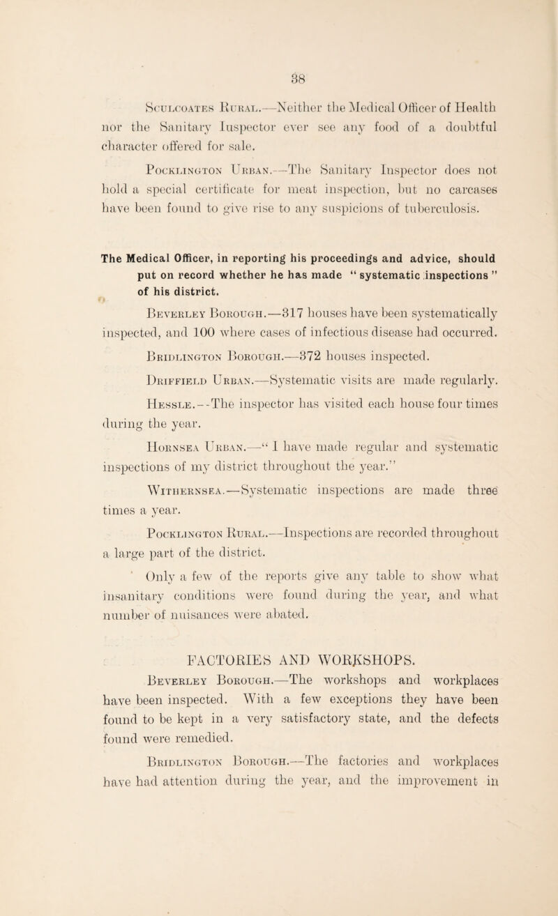 Sculcoates Rural.—Neither the Medical Officer of Health nor the Sanitary Iuspector ever see any food of a doubtful character offered for sale. Pocklington Urban.—The Sanitary Inspector does not hold a special certificate for meat inspection, but no carcases have been found to give rise to any suspicions of tuberculosis. The Medical Officer, in reporting his proceedings and advice, should put on record whether he has made “ systematic inspections ” of his district. Beverley Borough.—317 houses have been systematically inspected, and 100 where cases of infectious disease had occurred. Bridlington Borough.—372 houses inspected. Driffield Urban.—Systematic visits are made regularly. HESSLE.--The inspector has visited each house four times during the year. Hornsea Urban.—“ 1 have made regular and systematic inspections of my district throughout the year.'’ Withernsea.—Systematic inspections are made three times a year. Pocklington Rural.—Inspections are recorded throughout a large part of the district. Only a few of the reports give any table to show what insanitary conditions were found during the year, and what number of nuisances were abated. FACTORIES AND WORKSHOPS. Beverley Borough.—The workshops and workplaces have been inspected. With a few exceptions they have been found to be kept in a very satisfactory state, and the defects found were remedied. Bridlington Borough.—The factories and workplaces have had attention during the year, and the improvement in
