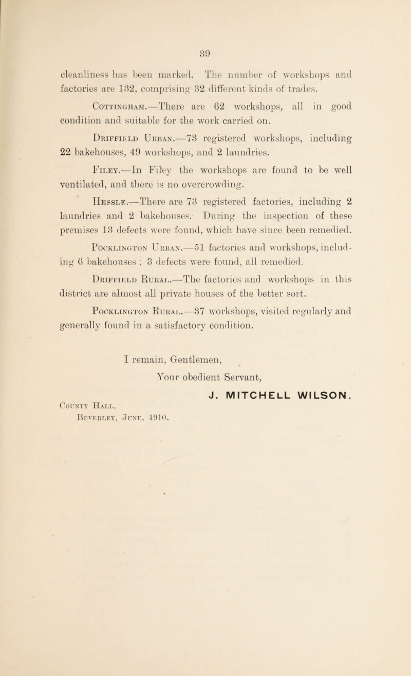 cleanliness has been marked. The number of workshops and factories are 132, comprising 32 different kinds of trades. Cottingham.—There are 62 workshops, all in good condition and suitable for the work carried on. Driffield Urban.—73 registered workshops, including 22 bakehouses, 49 workshops, and 2 laundries. Filey.—In Filey the workshops are found to be well ventilated, and there is no overcrowding. Hessle.—There are 73 registered factories, including 2 laundries and 2 bakehouses. During the inspection of these premises 13 defects were found, which have since been remedied. Pockling-ton Urban.—51 factories and workshops, includ¬ ing 6 bakehouses ; 3 defects were found, all remedied. Driffield Rural.—The factories and workshops in this district are almost all private houses of the better sort. Pocklington Rural.—37 workshops, visited regularly and generally found in a satisfactory condition. I remain, Gentlemen, Your obedient Servant, County Hall, Bevf.rley, June, 1910. J. MITCHELL WILSON.