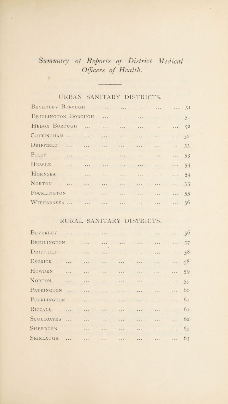 Summary of Reports of District Medical Officers of Health. URBAN SANITARY DISTRICTS. Beverley Borough Bridlington Borough Hedon Borough COTTINGHAM ... Driffield Filey Hessle ... ... ... ... ... ... H ORNSEA Norton PoCKLINGTON W ITHERNSEA ... 51 51 52 52 53 53 54 54 55 55 56 RURAL SANITARY DISTRICTS. Beverley Bridlington 9 Driffield Escrick Howden Norton Patrington ... POCKLINGTON Riccall SCULCOATES ... Sherburn Skirlaugh 56 57 58 58 59 59 60 61 61 62 62 63