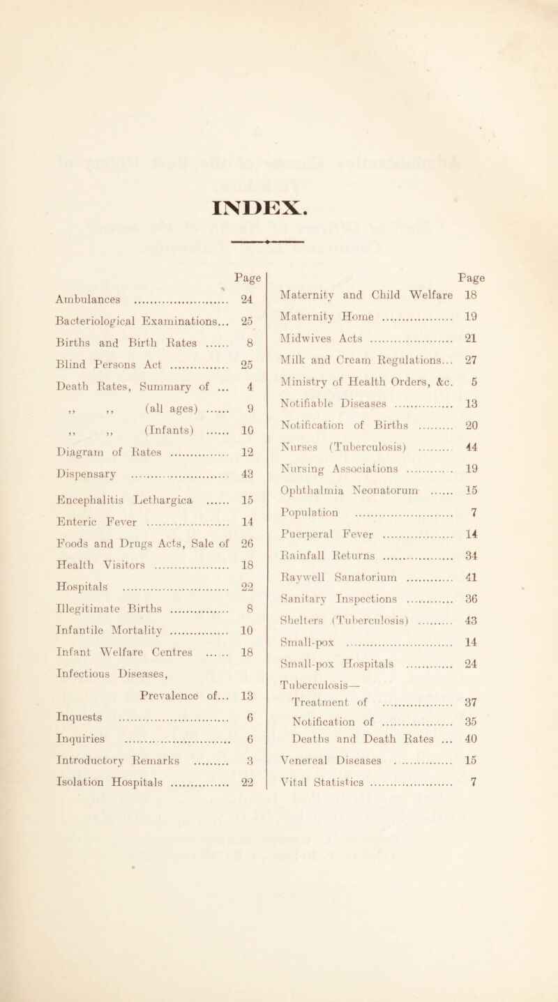 INDKX. Page % Ambulances 24 Bacteriological Examinations... 25 Births and Birth Rates 8 Blind Persons Act 25 Death Rates, Summary of ... 4 ,, ,, (all ages) 9 ,, ,, (Infants) 10 Diagram of Rates 12 Dispensary 43 Encephalitis Lethargica 15 Enteric Fever 14 Foods and Drugs Acts, Sale of 2G Health Visitors 18 Hospitals 22 Illegitimate Births 8 Infantile Mortality 10 Infant Welfare Centres 18 Infectious Diseases, Prevalence of... 13 Inquests 6 Inquiries 6 Introductory Remarks 3 Isolation Hospitals 22 Page Maternity and Child Welfare 18 Maternity Home 19 Midwives Acts 21 Milk and Cream Regulations... 27 Ministry of Health Orders, &c. 5 Notifiable Diseases 13 Notification of Births 20 Nurses (Tuberculosis) 44 Nursing Associations 19 o Ophthalmia Neonatorum 15 Population 7 Puer])eral Fever 14 Rainfall Returns 34 Raywell Sanatorium 41 Sanitary Inspections 36 Shelters (Tuberculosis) 43 Small-pox 14 Small-pox Hospitals 24 Tuberculosis— Treatment of 37 Notification of 35 Deaths and Death Rates ... 40 Venereal Diseases 15 Vital Statistics 7