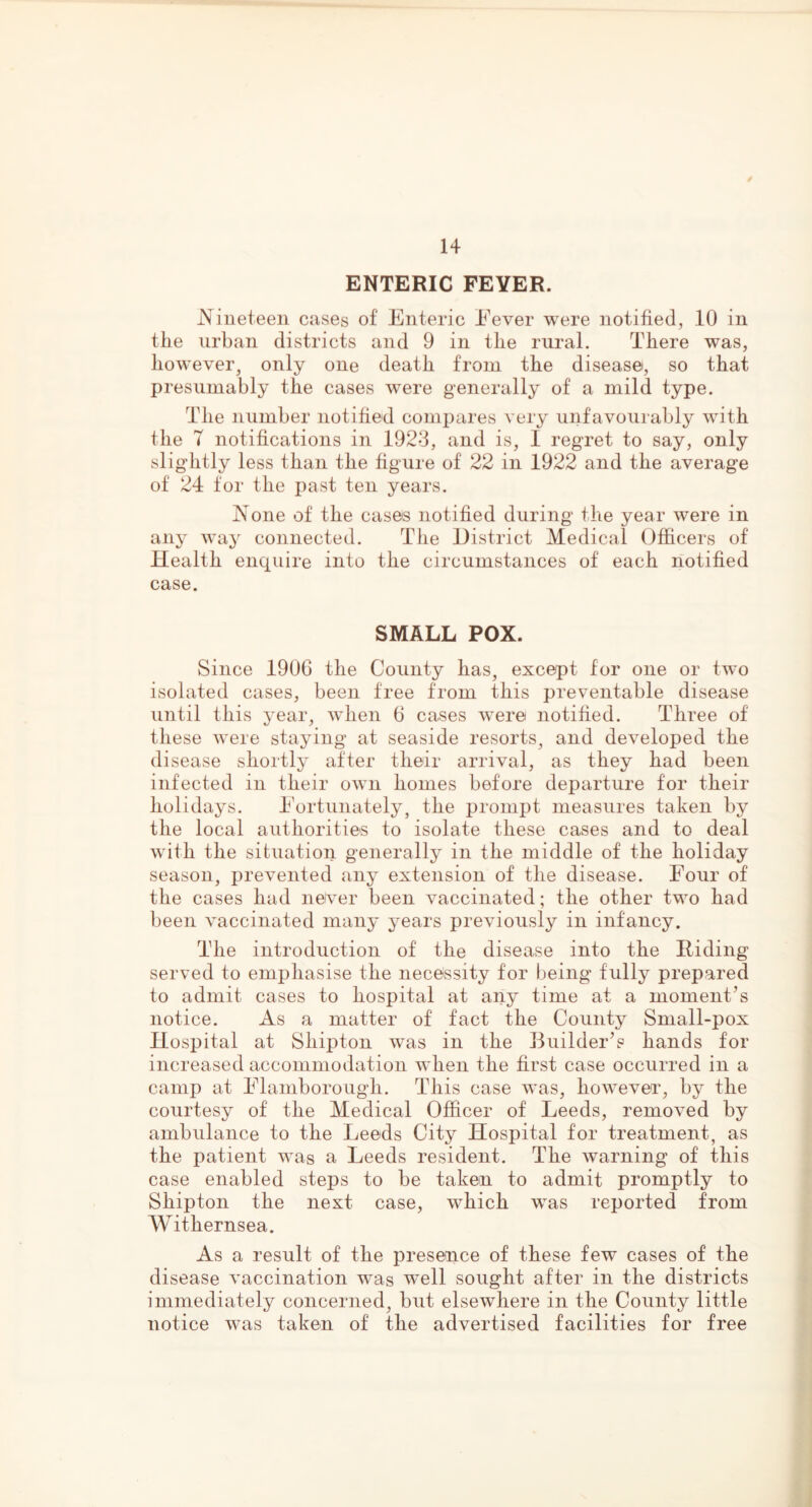 ENTERIC FEYER. Nineteen cases of Enteric Fever were notified, 10 in the urban districts and 9 in the rural. There was, however, only one death from the disease, so that presumably the cases were generally of a mild type. The number notified compares very unfavourably with the 7 notifications in 1923, and is, I regret to say, only slightly less than the figure of 22 in 1922 and the average of 24 for the past ten years. None of the cases notified during the year were in any way connected. The District Medical Officers of Health enquire into the circumstances of each notified case. SMALL POX. Since 1906 the County has, except for one or two isolated cases, been free from this preventable disease until this year, when 6 cases were notified. Three of these were staying at seaside resorts, and developed the disease shortly after their arrival, as they had been infected in their own homes before departure for their holidays. Fortunately, the prompt measures taken by the local authorities to isolate these cases and to deal with the situation generally in the middle of the holiday season, prevented any extension of the disease. Four of the cases had never been vaccinated; the other two had been vaccinated many years previously in infancy. The introduction of the disease into the Hiding served to emphasise the necessity for being fully prepared to admit cases to hospital at any time at a moment’s notice. As a matter of fact the County Small-pox Hospital at Sliipton was in the Builder’s hands for increased accommodation when the first case occurred in a camp at Flamborough. This case was, however, by the courtesy of the Medical Officer of Leeds, removed by ambulance to the Leeds City Hospital for treatment, as the patient was a Leeds resident. The warning of this case enabled steps to be taken to admit promptly to Shipton the next case, which was reported from Withernsea. As a result of the presence of these few cases of the disease vaccination was w^ell sought after in the districts immediately concerned, but elsewhere in the County little notice was taken of the advertised facilities for free