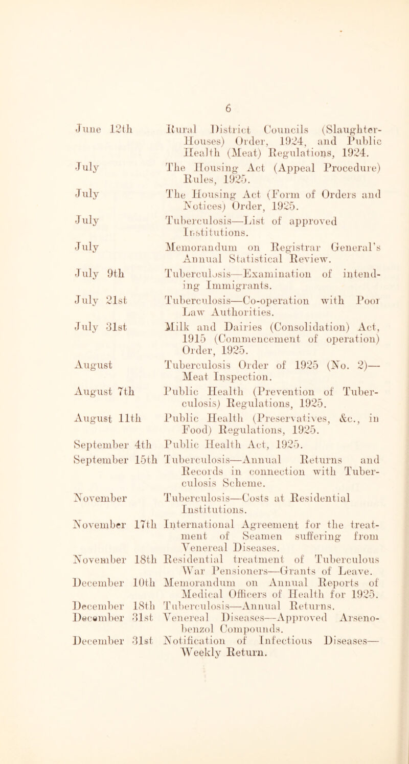 June 12t]i J uly J uly July July fl Illy 9tli July 21st c Kui'al District, Councils (Slaughter- Houses) Order, 1924, and Public Health (Meat) Ilegulations, 1924. The Housing' Act (Appeal Procedure) Pules, 1920. The Housing Act (Form of Orders and Aotices; Order, 1925. Tuberculosis—Inst of approved Institutions. Memorandum on Pegistrar GeneraPs Annual Statistical Peview. Tuberculosis—Examination of intend- ing Immigrants. Tuberculosis—Co-operation with Poor ]jaw Authorities. ttuly dlst Milk and Dairies (Consolidation) Act, 1915 (Commencement of operation) Order, 1925. August Tuberculosis Order of 1925 (iN^o. 2)— Meat Inspection. August 7th ITiblic Health (Prevention of Tuber- culosis) Pegulations, 1925. August 11th Ibibl ic Health (Preservati\es, &c., in Food) Pegulations, 1925. September 4th Public Health Act, 1925. September 15th Tuberculosis—Annual Peturns and Pecords in connection with Tuber- culosis Scheme. Xovember Tuberculosis—Costs at Pesidential Institutions. November 17th International Agreement for the treat- ment of Seamen suftering from Venereal Diseases. November 18th Pesidential treatment of Tuberculous War Pensioners—Grants of Leave. December 10th Memorandum on Annual Peports of Medical Officers of Health for 1925. December 18th Tiiberiuilosis—Annual Peturns. December Jlst Venereal Diseases—Approved Arseno- benzol Compounds. December 31st Notification of Infectious Diseases— Weekly Pet urn.
