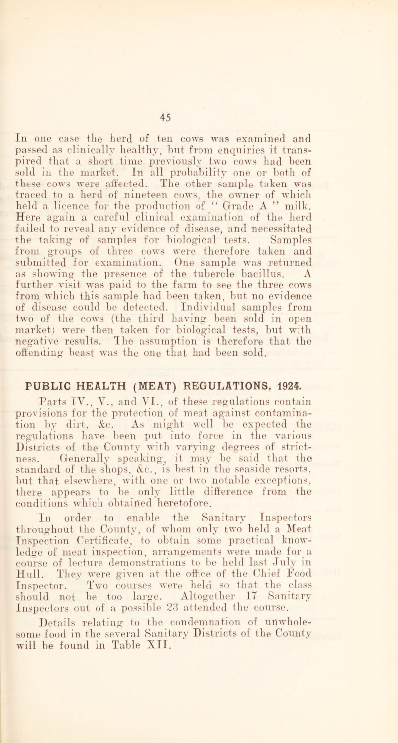 In one ease tlie herd of ten cows was examined and passed as clinically healthy, hut from enquiries it trans- pired that a short time previously two cows had been sold in the market. In all probability one or both of these cows were atfected. The other sample tiiken was traced to a herd of nineteen cows, the owner of whicii held a licence fo]‘ the prodnetion of Grade A ” milk. Here again a careful clinical examination of the lierd failed to reveal any evidence of disease, and necessitated tlie taking’ of samples for biological tests. Samples from groups of three cows were therefore taken and submitted for examination. One sample was returned as showing tlie presence of the tubercle bacillus. A further visit was paid to the farm to see the three cows from which this sample had been taken, but no evidence of disease could be detected. Individual samples from two of tlie cows (the third having been sold in open market) were then taken for biological tests, but with negative results. The assumption is therefore that the oft'ending beast was the one that had been sold. PUBLIC HEALTH (MEAT) REGULATIONS, 1924. Parts IV., V., and VI., of these regulations contain provisions for the protection of meat against contamina- tion by dirt, Ac. As might well be expected the I’egulations have been put into force in the various IlisTricts of tlie County with varying degrees of strict- ness. Generally speaking, it may be said that the standard of the shops, Ac., is best in tlie seaside resorts, but that elsewhere, with one or two notable exceptions, tliere appears to be only little dihei’ence from the conditions which obtained heretofore. In order to enable the Sanitary Inspectors throughout the County, of wliom only two held a Meat Inspection Certificate, to obtain some practical know- ledge of meat inspection, arrangements were made for a course of lecture demonstrations to be held last duly in Hull. They were given at the office of the Chief Food Inspector. Two courses were held so that the (dass should not be too large. Altogether 17 Sanitary Inspectors out of a possible 2T attended the course. Details relating to the condemnation of unwhole- some food in the several Sanitary Districts of the County will be found in Table XII.