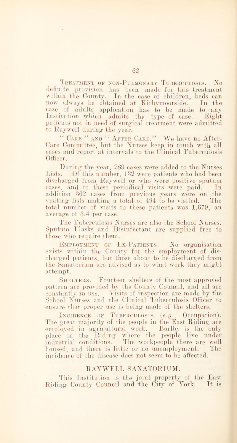 Treatment oe NON-rn.MONARY Tuijehculosis. No (lofiiide provision has ])eeii made for lliis trealment wiiliiii ilie Comity, la the case of (diildreii, beds can now alwa^’s lie obiained at KiiTymoorside. In the case of adults application has to be made to any Insiiiiition whi(di admits the tyjie of case. Ei^dit ])atients not in need of surgical Ireatment were admitted to Ivaywell during the year. Care ” anu “ Aetick Care.’^ AVe have no Afier- (hu'e Committee, but tlie Nurses keep in touch with all cases and I'eport at intervals to the Clinical Tuberculosis 0 nicer. During tlie year, 2(S9 cases were added to the’Nurses liisbs. Of (his number, ld2 were patients who had been discharged from llaywell or who were positive sputum cases, and to these ])eriodical visits were paid. In addition dO^ cases from jirevious years Avere on the A’isiting lists making a total of 494 to be visited. The (otal number of visits to these patients was 1,049, an aA'crage of 3.4 per case. Tlie Ihdierculosis ATurses are also the School Nurses. Sputum Flasks and Disinfectant are supplied free to those Avlio require them. Empi.oyment oe Ex-Patients. No organisation exists Avitiiin the County for the employment of dis- charged patients, Imt those about to be discharged from tlie vSaiiatorium are adAused as to Avhat AYork they might attempt. SiiEr/iEiTS. Fourteen shelters of the most approAmd pattern are proAu’ded by the County Council, and all are constantly in use. Visits of inspection are made by the School Nurses and the Clinical liiberculosis Officer to ensure that projjer use is being made of the shelters. Incidence oe Tudeuculosis (c./y., Occupation). The great majority of the people in the East Riding are employed in agricultural Avork. llarlby is the only Iilace in the Riding Avhere the people liA’e under industrial conditions. The Avorkpeople there are Avell housed, and there is little or no unemployment. The inciden(‘e of the disease does not seem to be affected. RAYWELI. SANATORIUM. This Institution is the joint property of the East Riding County Council and the City of York. It is
