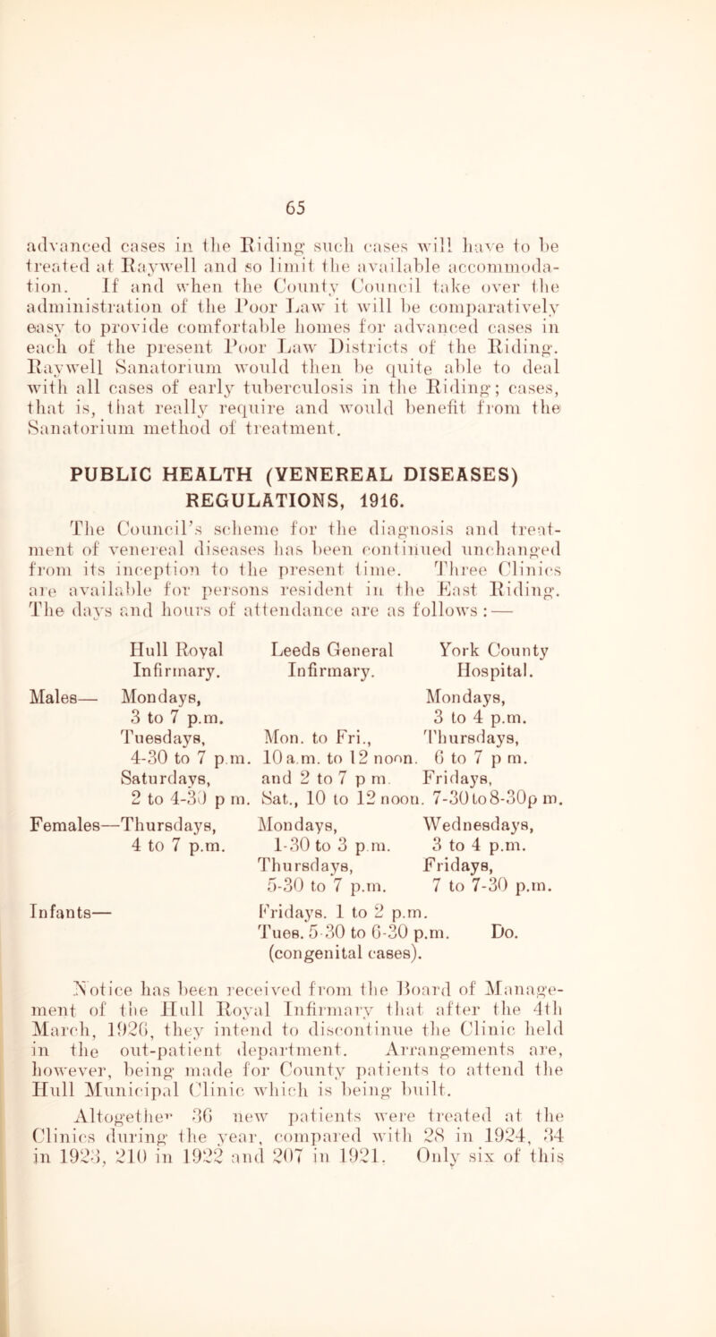 advanced cases in ilie Eiding such cases will liave to he treated at Eavwell and so limit the available accommoda- 1 tion. If and when the County Council take over the administration of the i^oor Law it will he comparatively easy to provide comfortable homes for advanced cases in each of the present Poor I^aw Districts of the Eiding. Eaywell Sanatorium would then he quite able to deal with all cases of early tuberculosis in the Eiding; cases, that is, tiiat reall^^ require and would benefit from the Sanatorium method of tieatment. PUBLIC HEALTH (VENEREAL DISEASES) REGULATIONS, 1916. The Council’s S(dieme for the diagnosis and treat- ment of venereal diseases lias been continued unchanged from its inception to the present time. Three Clinics are available for persons resident in tlie East Eiding. The days and hours of attendance are as follows : — Hull Royal Infirmary. Males— Mondays, 3 to 7 p.m. Tuesdays, 4-30 to 7 p.m. Saturdays, 2 to 4-30 p m. Females—Thursdays, 4 to 7 p.m. Leeds General Infirmary. York County Hospital. Mondays, 3 to 4 p.m. O'hursdays, Infants— Mon. to Fri., 10 a m. to 12 noon. 0 to 7 p m. and 2 to 7 pm Fridays, Sat., 10 to 12 noon. 7-30 to8-30p m. Mondays, Wednesdays, 1-30 to 3 p m. 3 to 4 p.m. Thursdays, Fridays, 5-30 to 7 p.m. 7 to 7-30 p.m. Fridays. 1 to 2 p.m. Tues. 5 30 to G-30 p.m. Do. (congenital cases). .T\ oti ce has been I'eceived from tlie Hoard of Manage- ment of the Hull Eoyal Infirmary tliat after the 4th March, 192G, they intend to discontinue the Clinic held in the out-patient department. Arrangements are, however, being made for County patients to attend the Hull Municipal Clinic which is being built. Altogether' 3G new patients were treated at the Clinics during the year, compared with 2(S in 1924, 34 in 1923, 210 in 1922 and 207 in 1921. Only six of this