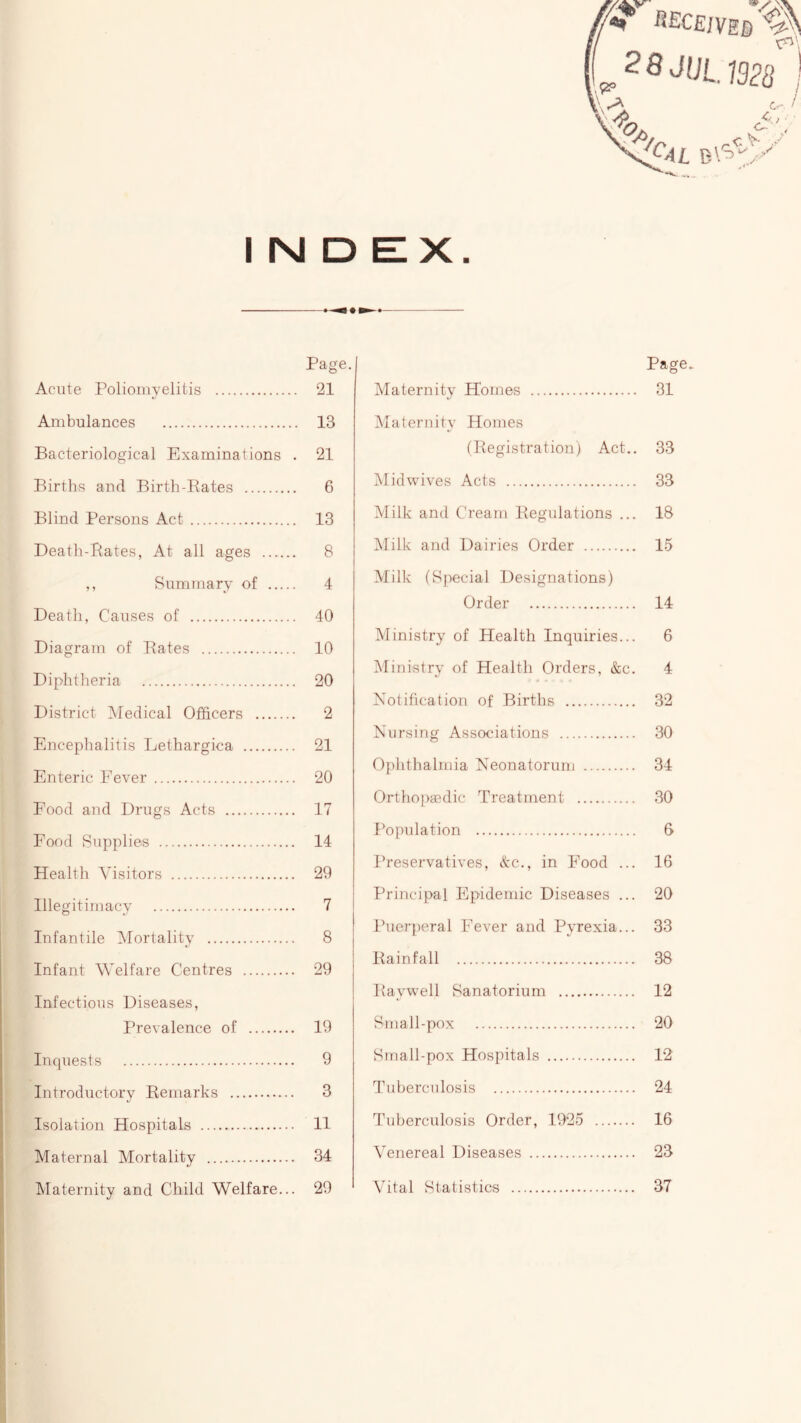 ^ECEJVEB 1928 / c-/ cf-'^ ' ' INDEX. Page. Acute Poliomyelitis 21 Ambulances 13 Bacteriological Examinations . 21 Births and Birth-Rates 6 Blind Persons Act 13 Death-Rates, At all ages 8 ,, Summary of 4 Death, Causes of 40 Diagram of Rates 10 Diphtheria 20 District Medical Officers 2 Encephalitis Lethargica 21 Enteric Fever 20 Food and Di’ugs Acts 17 Food Supplies 14 Health Visitors 29 Illegitimacy 7 Infantile Mortality 8 Infant AVelfare Centres 29 Infectious Diseases, Prevalence of 19 Inquests 9 Introductory Remarks 3 Isolation Hospitals 11 Maternal Mortality 34 Maternity and Child Welfare... 29 Page. Maternity Homes 31 Maternity Homes (Registration) Act,. 33 iM id wives Acts 33 Milk and Cream Regulations ... 18 IMilk and Dairies Order 15 Milk (Special Designations) Order 14 Ministry of Health Inquiries... 6 iMinistry of Health Orders, &c. 4 Notification of Births 32 Nursing Associations 30 Ophthalmia Neonatorum 34 Orthopaedic Treatment 30 Population 6 Preservatives, &c., in Food ... 16 Principal Epidemic Diseases ... 20 Ihier})eral Fever and Pyrexia... 33 Rainfall 38 ftayw^ell Sanatorium 12 Small-pox 20 Small-pox Hospitals 1'2 Tuberculosis 24 Tuberculosis Order, 1925 16 Venereal Diseases 23 Vital Statistics 37