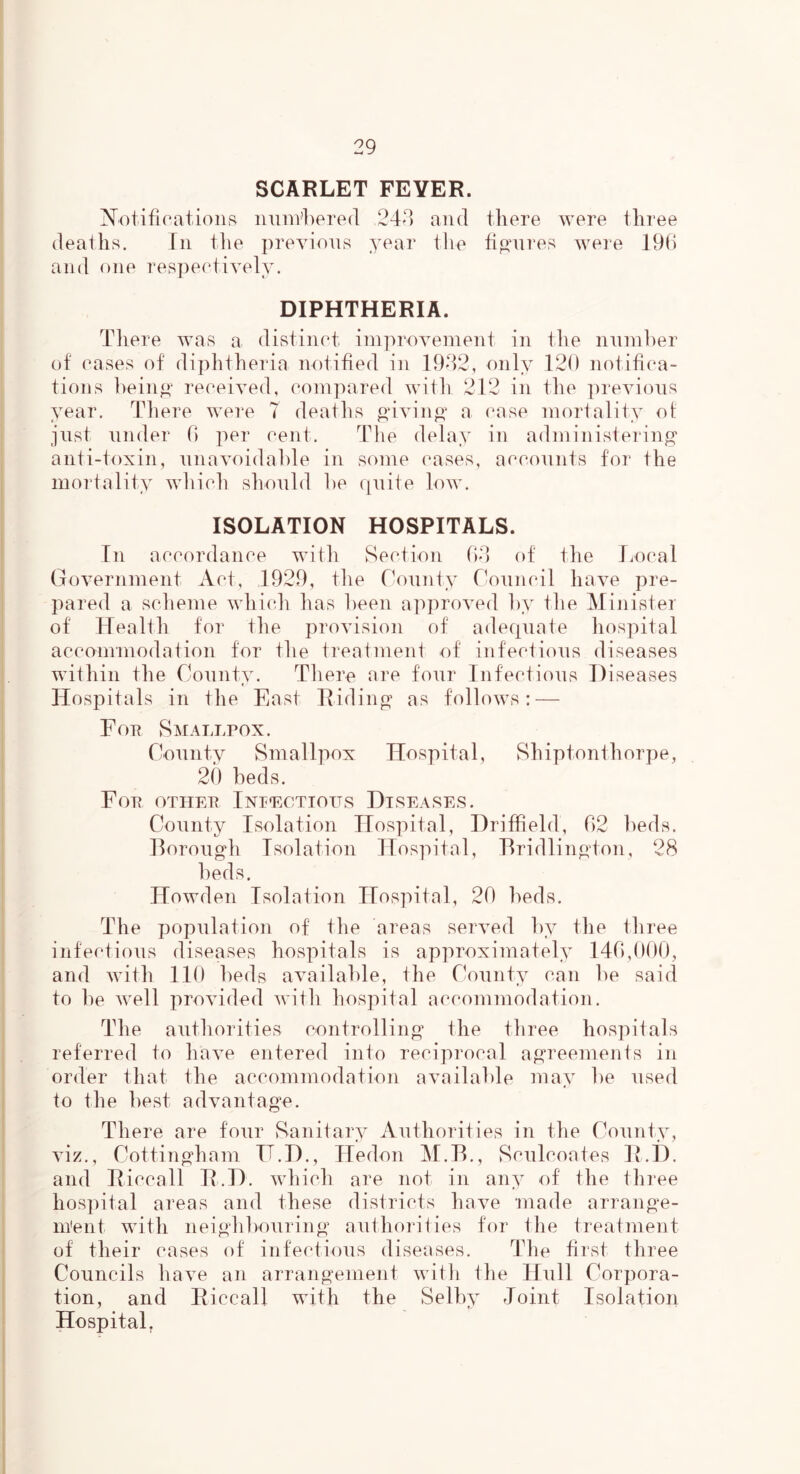 SCARLET FEVER. Notifications numbered 243 and there were three deaths. Tn the previous year the figures were 196 and one respectively. DIPHTHERIA. There was a distinct improvement in the number of cases of diphtheria notified in 1932, only 120 notifica- tions being received, compared with 212 in the previous year. There were 7 deaths giving a case mortality of just under 6 per cent. The delay in administering anti-toxin, unavoidable in some cases, accounts for the mortality which should he quite low. ISOLATION HOSPITALS. In accordance with Section 03 of the Local Government Act, 1929, the County Council have pre- pared a scheme which has been approved by the Minister of Health for the provision of adequate hospital accommodation for the treatment of infectious diseases within the County. There are four Infectious Diseases Hospitals in the East Riding as follows: — Fop Smallpox. County Smallpox Hospital, Shiptonthorpe, 20 beds. Fop othep Iniectious Diseases. County Isolation Hospital, Driffield, 62 beds. Borough Isolation Hospital, Bridlington, 28 beds. Howden Isolation Hospital, 20 beds. The population of the areas served by the three infectious diseases hospitals is approximately 146,000, and with 110 beds available, the County can be said to be well provided with hospital accommodation. The authorities controlling the three hospitals referred to have entered into reciprocal agreements in order that the accommodation available may be used to the best advantage. There are four Sanitary Authorities in the County, viz., Cottingham IT.D., Hedon M.B., Sculeoates R.D. and Riccall R.D. which are not in any of the three hospital areas and these districts have made arrange- ment with neighbouring authorities for the treatment of their cases of infectious diseases. The first three Councils have an arrangement with the Hull Corpora- tion, and Riccall with the Selby Joint Isolation Hospital.