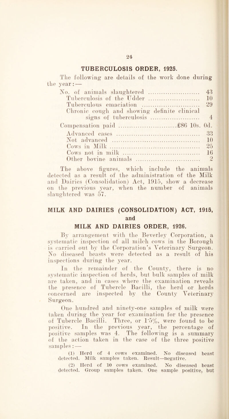 TUBERCULOSIS ORDER, 1925. The following are details of the work done during the year:— No. of animals slaughtered Tuherculosis of the Udder Tuberculous emaciation Clironic cough and showing definite clinical signs of tiihercailosis Compensation paid £86 10s. Advanced cases Not advanced Cows in Milk Cows not in milk Other bovine animals 43 10 29 4 Od. 33 10 25 16 The above figures, which include the animals detected as a result of the administration of the Milk and Dairies (Consolidation) Act, 1915, show a decrease on the previous year, when the number of animals slaughtered was 57. MILK AND DAIRIES (CONSOLIDATION) ACT, 1913, and MILK AND DAIRIES ORDER, 1926. By arrangement with the Beverley Corporation, a s^^stematic inspection of all milch cows in the Borough is carried out by the Corporation’s Yeterinary Surgeon. No diseased beasts were detected as a result of his inspections during the year. In the remainder of the Count3, there is no s^^stematic inspection of herds, but bulk samples of milk are taken, and in cases where the examination reveals the presence of Tubercle Bacilli, the herd or herds concerned are inspected b^ the County Yeterinarj^ Surgeon. One hundred and ninetj^-one samples of milk were taken during the year for examination for the presence of Tubercle Bacilli. Three, or 1'5%, were found to be positive. In the previous ^mar, the percentage of positive samples was 4. The following is a summary' of the action taken in the case of the three positive samples : — (1) Herd of 4 cows examined. No diseased beast detected. Milk samples taken. Result—negative. (2) Herd of 10 cows examined. No diseased beast detected. Group samples taken. One sample positive, but