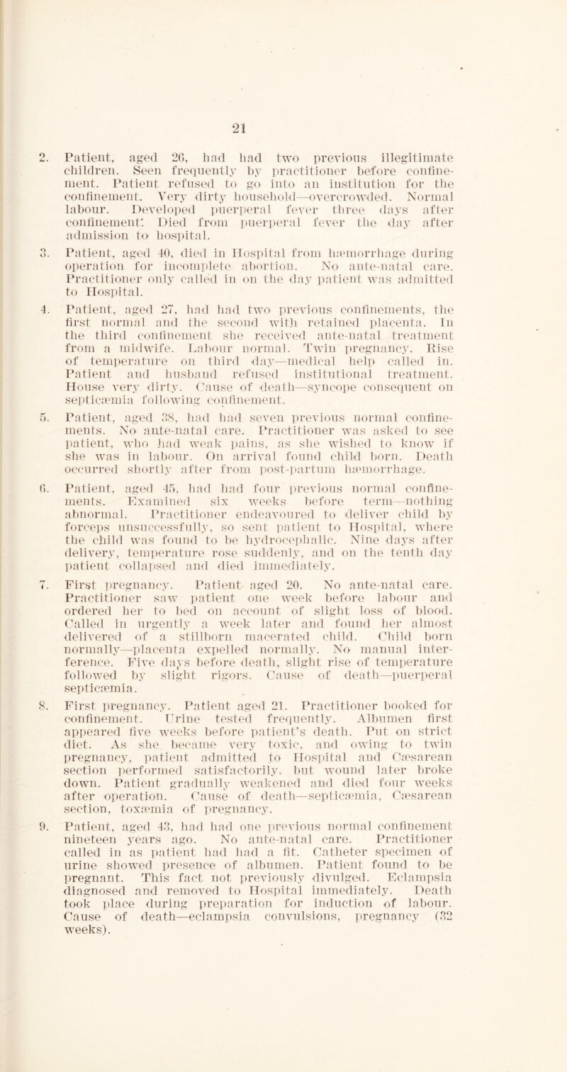 2. Patient, aged 26, had had two previous illegitimate children. Seen frequently hy practitioner before confine- ment. Patient refused to go into an institution for the conhnement. Very dirty household—overcrowded. Normal labour. Developed puerperal fever three days after confinement: Died from imerperal fever the day after admission tO' hospital. 3. Patient, aged 40, died in Hospital from linemorrhage during operation for incomplete abortion. No ante-natal care. Practitioner only called in on the day patient was admitted to Hospital. 4. Patient, aged 27, had had two previous confinements, the first normal and the second with retained placenta. In the third confinement slie received ante-natal treatment from a midwife. Lnl)our norma]. Twin pregnancy. Rise of temperature on third day—medical help called in. Patient and husbnnd refused institutional treatment. House very dirty. Cause of death—syncope consequent on septicmmia following confinement. 5. Patient, aged 38, ha<l had seven previous normal confine- ments. No ante-natal care. Practitioner was asked to see patient, who Jiad weak pains, as she wished to know if she was in labour. On arrival found child horn. Death occurred shortly after from post-]iartum Imemorrhage. 6. Patient, aged 45, had had four ]>revious normal confine- ments. Examined six weeks before term—nothing abnormal. Practitioner endeavoured to deliver child by forceps unsuccessfully, so sent ])atient to Hospital, where the child was found to be hydrocephalic. Nine days after delivery, temperature rose suddenly, and on the tenth day patient collapsed and died immediately. 7. First pregnancy. Patient aged 20. No ante-natal care. Practitioner saw patient one week before laljour and ordered her to bed on account of slight loss of blood. Called in urgently a week later and found her almost delivered of a stillborn macerated child. Cliild born normally—placenta expelled normally. No manual inter- ference. Five days before death, slight rise of temperature followed by slight rigors. Cause of death—puerperal septicaemia. 8. First pregnancy. Patient aged 21. Practitioner booked for confinemeut. Urine tested frequently. Albumen first appeared five weeks before patient’s death. Put on strict diet. As she l)ecame very toxic, and owing to twin pregnancy, patient admitted to Hospital and Caesarean section performed satisfactorily. l)nt wound later broke down. Patient gradually weakened and died four weeks after operation. Cause of death—septicaunia. Caesarean section, toxaemia of pregnancy. 9. Patient, aged 43, had had one previous normal confinement nineteen years ago. No ante-natal care. Practitioner called in as patient had had a fit. Catheter specimen of urine showmd iiresence of albumen. Patient found to be pregnant. This fact not previously divulged. Eclampsia diagnosed and removed to Hospital immediately. Death took place during preparation for induction of labour. Cause of death—eclampsia convulsions, pregnancy (32 weeks).