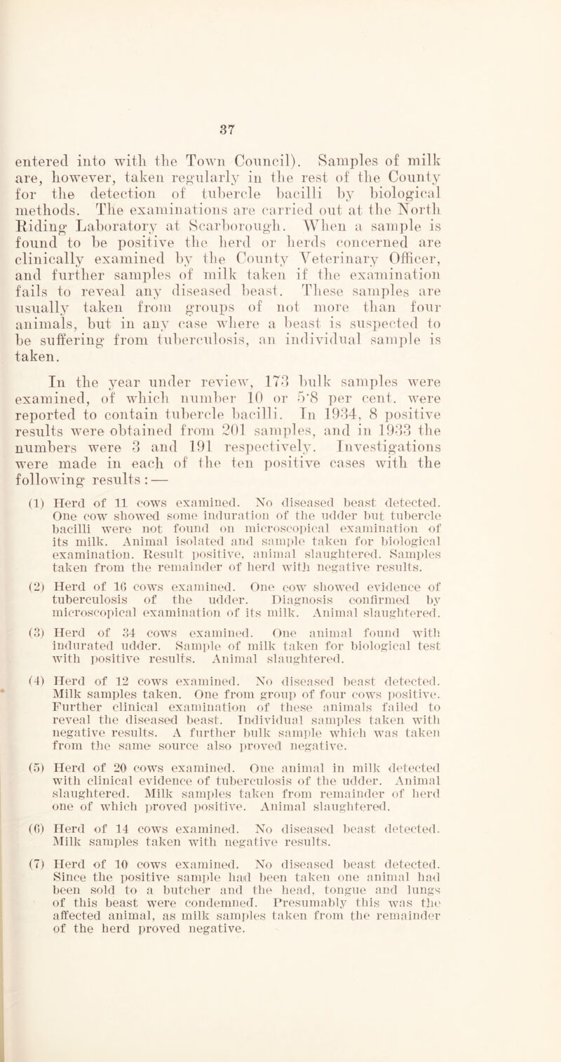 entered into with the Town Council). Samples of milk are, however, taken regularly in the rest of the County for the detection of tubercle bacilli by biological methods. The examinations are carried out at the North Riding Laboratory at Scarborough. When a sample is found to be positive the herd or herds concerned are clinically examined by the County Veterinary Officer, and further samples of milk taken if the examination fails to reveal any diseased beast. These samples are usually taken from groups of not more than four animals, but in any case where a beast is suspected to be suffering from tuberculosis, an individual sample is taken. In the year under review, 173 bulk samples were examined, of which number 10 or 5*8 per cent, were reported to contain tubercle bacilli. In 1934, 8 positive results were obtained from 201 samples, and in 1933 the numbers were 3 and 191 respectively. Investigations were made in each of the ten positive cases with the following results: — (1) Herd of 11 cows examined. No diseased beast detected. One cow showed some induration of the udder but tubercle bacilli were not found on microscopical examination of its milk. Animal isolated and sample taken for biological examination. Result positive, animal slaughtered. Samples taken from the remainder of herd with negative results. (2) Herd of 1G cows examined. One cow showed evidence of tuberculosis of the udder. Diagnosis confirmed by microscopical examination of its milk. Animal slaughtered. (3) Herd of 34 cows examined. One animal found with indurated udder. Sample of milk taken for biological test with positive results. Animal slaughtered. (4) Herd of 12 cows examined. No diseased beast detected. Milk samples taken. One from group of four cows positive. Further clinical examination of these animals failed to reveal the diseased beast. Individual samples taken with negative results. A further bulk sample which was taken from the same source also proved negative. (5) Herd of 20 cows examined. One animal in milk detected with clinical evidence of tuberculosis of the udder. Animal slaughtered. Milk samples taken from remainder of herd one of which proved positive. Animal slaughtered. (G) Herd of 14 cows examined. No diseased beast detected. Milk samples taken with negative results. (7) Herd of 10 cows examined. No diseased beast detected. Since the positive sample had been taken one animal had been sold to a butcher and the head, tongue and lungs of this beast were condemned. Presumably this was the affected animal, as milk samples taken from the remainder of the herd proved negative.