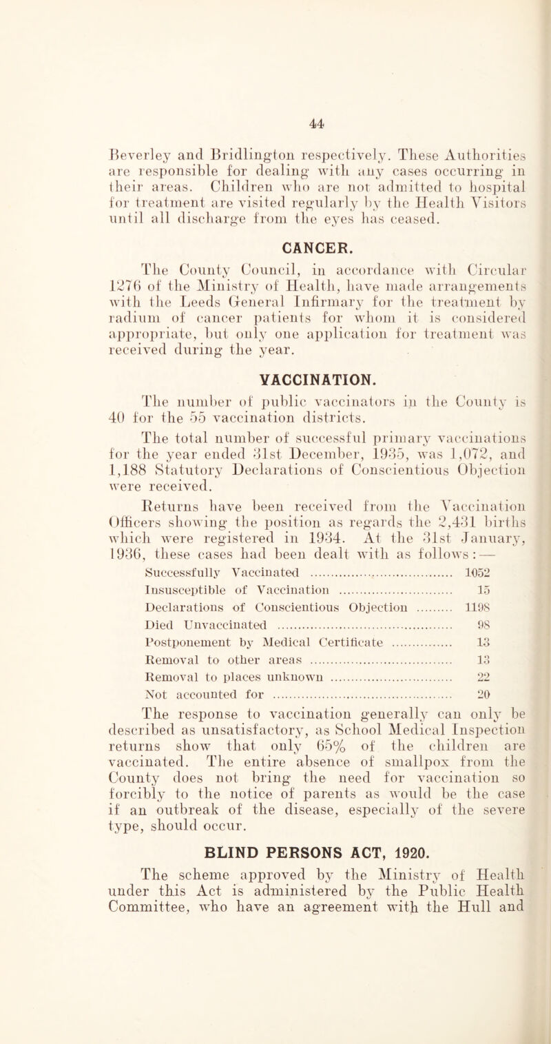 Beverley and Bridlington respectively. These Authorities are responsible for dealing with any cases occurring in their areas. Children who are not admitted to hospital for treatment are visited regularly by the Health Visitors until all discharge from the eyes has ceased. CANCER. The County Council, in accordance with Circular 1276 of the Ministry of Health, have made arrangements with the Leeds General Infirmary for the treatment by radium of cancer patients for whom it is considered appropriate, but only one application for treatment was received during the year. VACCINATION. The number of public vaccinators in the County is 40 for the 55 vaccination districts. The total number of successful primary vaccinations for the year ended 31st December, 1935, was 1,072, and 1,188 Statutory Declarations of Conscientious Objection were received. Returns have been received from the Vaccination Officers showing the position as regards the 2,431 births which were registered in 1934. At the 31st January, 1936, these cases had been dealt with as follows: — Successfully Vaccinated 1052 Insusceptible of Vaccination 15 Declarations of Conscientious Objection 1198 Died Unvaccinated 98 Postponement by Medical Certificate 13 Removal to other areas 13 Removal to places unknown 22 Not accounted for 20 The response to vaccination generally can only be described as unsatisfactory, as School Medical Inspection returns show that only 65% of the children are vaccinated. The entire absence of smallpox from the County does not bring the need for vaccination so forcibly to the notice of parents as would be the case if an outbreak of the disease, especially of the severe type, should occur. BLIND PERSONS ACT, 1920. The scheme approved by the Ministry of Health under this Act is administered by the Public Health Committee, who have an agreement with the Hull and