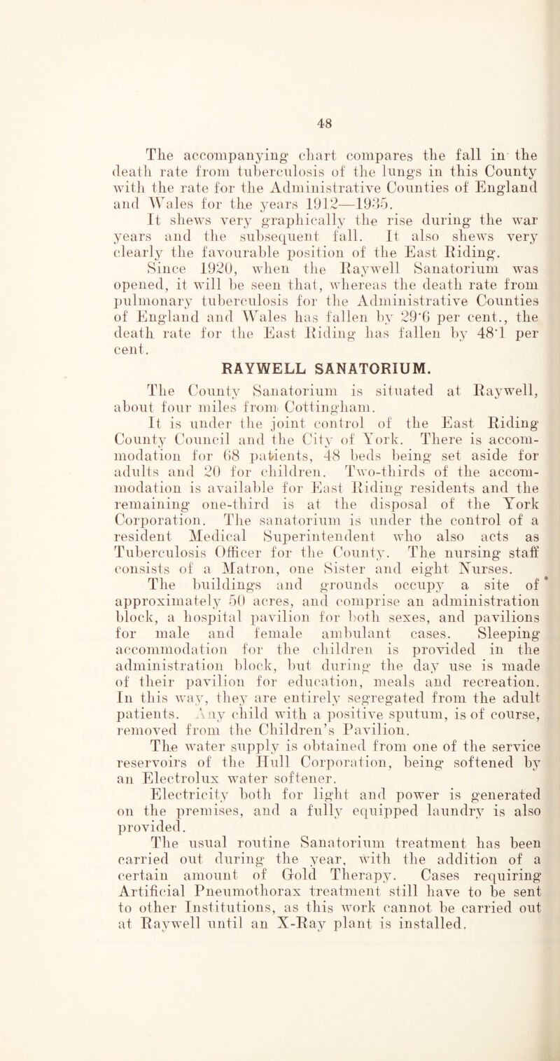 The accompanying chart compares the fall in the death rate from tuberculosis of the lungs in this County with the rate for the Administrative Counties of England and Wales for the years 1912—1935. It shews very graphically the rise during the war years and the subsequent fall. It also shews very clearly the favourable position of the East Riding. Since 1920, when the Raywell Sanatorium was opened, it will be seen that, whereas the death rate from pulmonary tuberculosis for the Administrative Counties of England and Wales has fallen by 29‘6 per cent., the death rate for the East Riding has fallen by 48*1 per cent. RAYWELL SANATORIUM. The County Sanatorium is situated at Raywell, about four miles from Cottingham. It is under the joint control of the East Riding County Council and the City of York. There is accom- modation for 68 patients, 48 beds being set aside for adults and 20 for children. Two-thirds of the accom- modation is available for East Riding residents and the remaining one-third is at the disposal of the York Corporation. The sanatorium is under the control of a resident Medical Superintendent who also acts as Tuberculosis Officer for the County. The nursing staff consists of a Matron, one Sister and eight Nurses. The buildings and grounds occupy a site of * approximately 50 acres, and comprise an administration block, a hospital pavilion for both sexes, and pavilions for male and female ambulant cases. Sleeping accommodation for the children is provided in the administration block, but during the day use is made of their pavilion for education, meals and recreation. In this way, they are entirely segregated from the adult patients. A ny child with a positive sputum, is of course, removed from the Children’s Pavilion. The water supply is obtained from one of the service reservoirs of the Hull Corporation, being softened by an Electrolux water softener. Electricity both for light and power is generated on the premises, and a fully equipped laundry is also provided. The usual routine Sanatorium treatment has been carried out during the year, with the addition of a certain amount of Gold Therapy. Cases requiring Artificial Pneumothorax treatment still have to be sent to other Institutions, as this work cannot be carried out at Raywell until an X-Ray plant is installed.