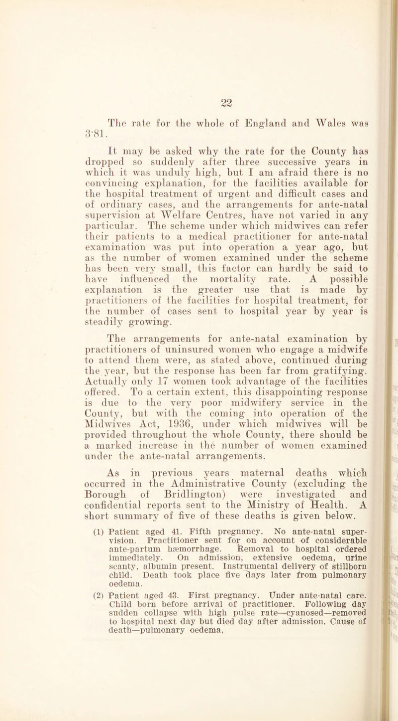 Tlie rate for the whole of England and Wales was 3-81. It may be asked why the rate for the County has dropped so suddenly after three successive years in which it was unduly high, hut I am afraid there is no convincing explanation, for the facilities available for the hospital treatment of urgent and difficult cases and of ordinary cases, and the arrangements for ante-natal supervision at Welfare Centres, have not varied in any particular. The scheme under which midwives can refer their patients to a medical practitioner for ante-natal examination was put into operation a year ago, but as the number of women examined under the scheme has been very small, this factor can hardly he said to have influenced the mortality rate. A possible explanation is the greater use that is made by practitioners of the facilities for hospital treatment, for the number of cases sent to hospital year by year is steadily growing. The arrangements for ante-natal examination by practitioners of uninsured women who engage a midwife to attend them were, as stated above, continued during the year, but the response has been far from gratifying. Actually only 17 women took advantage of the facilities offered. To a certain extent, this disappointing vesponse is due to the very poor midwifery service in the County, but with the coming' into operation of the Midwives Act, 1936, under which midwives will be provided throughout the whole County, there should be a marked increase in the number of women examined under the ante-natal arrangements. As in previous years maternal deaths which occurred in the Administrative County (excluding the Boroug'h of Bridlington) were investigated and confidential reports sent to the Ministry of Health. A short summary of five of these deaths is given below. (1) Patient aged 41. Fifth pregnancy. No ante-natal super- vision. Practitioner sent for on account of considerable ante-partum haemorrhage. Removal to hospital ordered immediately. On admission, extensive oedema, urine scanty, albumin present. Instrumental delivery of stillborn child. Death took place five days later from pulmonary oedema. (2) Patient aged 43. First pregnancy. Under ante-natal care. Child born before arrival of practitioner. Following day sudden collapse with high pulse rate—cyanosed—removed to hospital next day but died day after admission. Cause of death—pulmonary oedema,