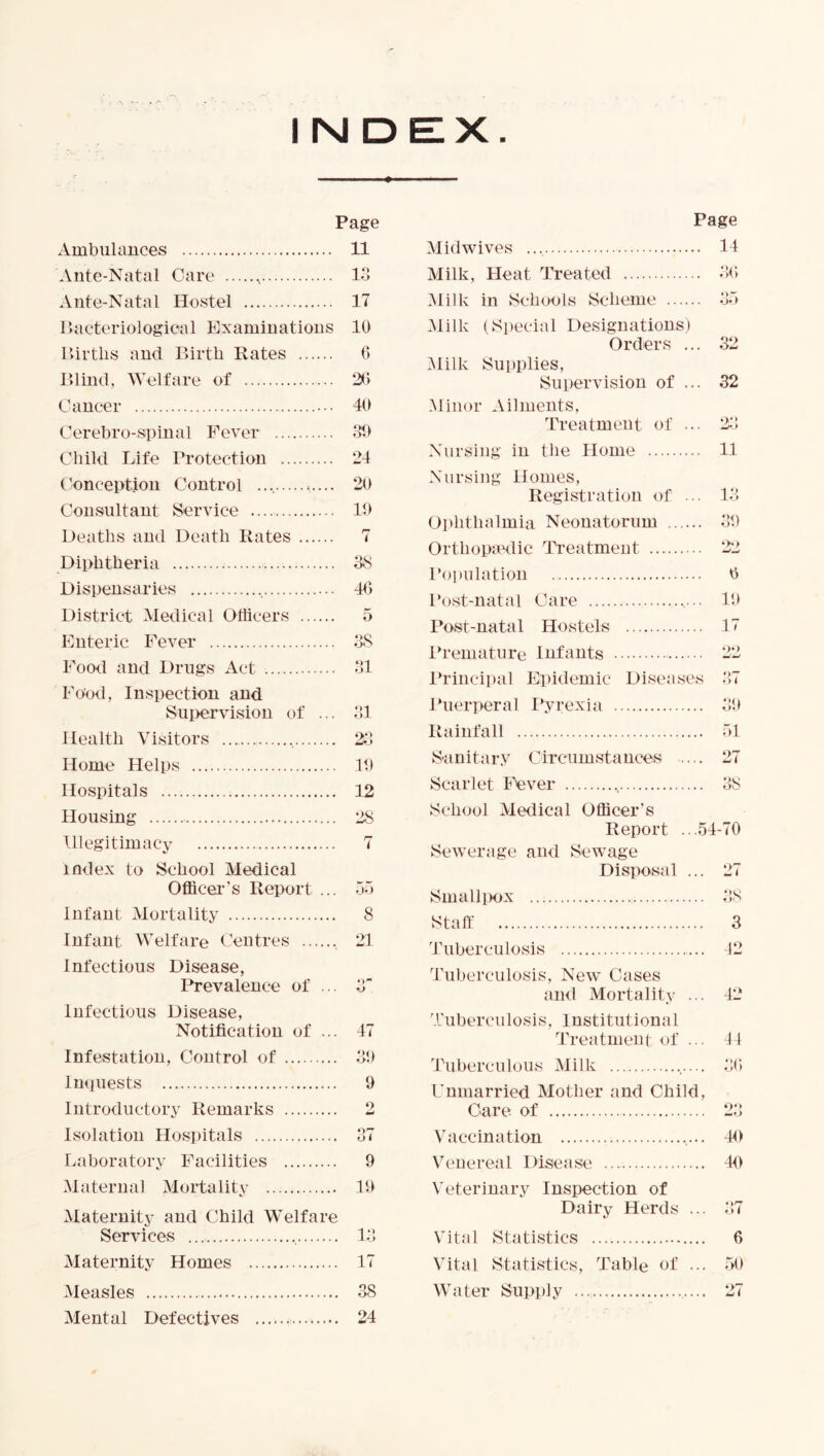 INDEX Page Ambulauces 11 Ante-Natal Care , Vi Ante-Natal Ho.stel 17 Uaeteriologieal Examinations 10 lUrtlis and P>irtb Rates 0 Rlind, Welfare of 2t; Cancer 40 Cerebro-spinal Fever oO Child Life Protection 24 Page Midwives 14 Milk, Heat Treated 20 Milk in Schools Scbeme ob .Milk (Special Designations) Orders ... 32 Milk Supplies, Supervision of ... 32 Minor Ailments, Treatment of ... 22 Nursing in the Home 11 (Conception Control Consultant Service Deaths and Death Rates Diphtheria Dispensaries , District Medical Officers Enteric Fever Food and Drugs Act Food, Inspection and Supervision of ... Health Visitors , Home Helps Hospitals Housing Illegitimacy index to School Medical Officer’s Report ... infant Mortality Infant Welfare Centres Infectious Disease, Prevalence of ... infectious Disease, Notification of ... Infestation, Control of Inquests Introductory Remarks Isolation Hospitals Laboratory Facilities Maternal Mortality Maternity and Child Welfare Services , Maternity Homes Measles Mental Defectives 20 10 i 3S 40 5 oo ‘>1 Nursing Homes, Registration of ... 12 Ophthalmia Neonatorum 30 Orthop^edic Treatment 22 P()])ulation 0 Post-natal Care 10 Post-natal Hostels 1 Ih’emature Infants 22 ITincipal Epidemic Diseases 27 Ihierperal Pyrexia 20 Rainfall 21 S-anitary Circumstances 27 Scarlet Fever 28 School Medical Officer’s Report ...54-70 Sewerage and Sewage Disposal ... 27 •JO SmalliKjx 28 8 Staff 3 21 Tuberculosis 12 Tuberculosis, New Cases and Mortality ... 12 47 Tuberculosis, Institutional Treatment of ... 41 30 Tuberculous Milk 2(; 9 Unmarried Mother and Child, o Care of ♦>‘) 27 Vaccination 10 9 Venereal Disease 10 10 Veterinary Inspection of Dairy Herds ... 27 12 Vital Statistics 6 17 Vital Statistics, Table of ... 50 38 Water Supply ..., 27 24