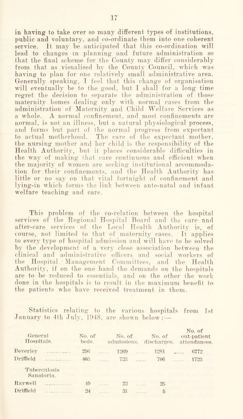 in having to take over so many different types of institutions, public and voluntary, and co-ordinate them into one coherent service. It may he anticipated that this co-ordination will lead to changes m planning land future administration so that the final scheme for the County may differ considerably from that as visualised by the County Council, which was having to plan for one relatively small administrative area. Generally speaking, I feel that this change of organisation will eventually be to the good, but I shall for a long time regret the decision to separate the administration of those maternity homes dealing only with normal cases from the administration of Maternity and Child Welfare Services as a whole. A normal confinement, and most confinements are normal, is not an illness, but a natural physiological process, and forms but part of the normal progress from expectant to actual motherhood. The care of the expectant mother, the nursing mother and her child is the responsibility of the Health Authority, but it places considerable difficulties in the way of making that care continuous and efficient when the majority of women are seeking institutional accommoda- tion for their confinements, and the Health Authority has little or no say on that vital fortnight of confinement and lying-in which forms the link between ante-natal and infant welfare teaching and care. This problem of the co-relation between the hospital services of the Regional Hospital Board and the care and after-care services of the Local Health Authority is, of course, not limited to that of maternity cases. It applies to every type of hospital admission and will have to be solved by the development of a very close association between the clinical and administrative officers and social workers of the Hospital 'Management Committees, and the Health Authority, if on the one hand the demands on the hospitals are to be reduced to essentials, and on the other the work done in the hospitals is to result in the maximum benefit to the patients who have received treatment in them. Statistics relating to the various hospitals from 1st January to 4th July, 1948, are shown below: — General No. of No. of No. of No. of out-patient Hospitals. beds. admissions. discharges. attendances. Beverley 29(1 . .. 1260 ... ... 1281 ... .... 6772 Driffield 402 728 700 1723 Tuberculosis Sanatoria. Ravwell 49 22 ... 25 Driffield 24 31 ... 5