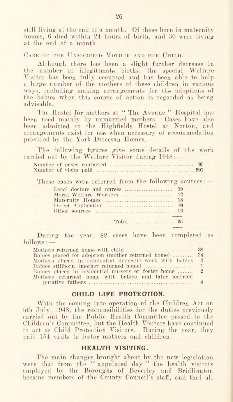 still living at the end of a month. Of those born in maternity homes, 6 died within 24 hours of birth, and 30 were living at the end of a month. Care or the Unmarried M OTHER AND HER CHILD. Although there has been a slight further decrease in the number of illegitimate births, the special Welfare Visitor has been fully occupied and has been able to help a large number of the mothers of these children in various ways, including making arrangements for the adoptions of the babies when this course of action is regarded as being advisable. The Hostel for mothers at “ The Avenue ” Hospital has been used mainly by unmarried mothers. Cases have also been admitted to the Highfields Hostel at Norton, and arrangements exist for use when necessary of accommodation provided by the York Diocesan Homes. The following figures give some details of the work carried out by the Welfare Visitor during 1948: — Number of cases contacted 95 Number of visits paid 591 These cases were referred from the following sources: — Local doctors and nurses 39 Moral Welfare Workers 12 Maternity Homes 18 Direct Application 10 Other sources 1(1 Total 95 During the year, 82 cases have been completed as follows : — Mothers returned home with child 38 Babies placed for adoption (mother returned home) 34 Mothers placed in residential domestic work with babies 3 Babies stillborn (mother returned home) 1 Babies placed in residential nursery or foster home 2 Mothers returned home with babies and later married putative fathers 4 CHILD LIFE PROTECTION. With the coming into operation of the Children Act on 5th duly, 1948, the responsibilities for the duties previously carried out by the Public Health Committee passed to the Children’s Committee, but the Health Visitors have continued to act as Child Protection Visitors. During the year, they paid 154 visits to foster mothers (and children. HEALTH VISITING. The main changes brought about by the newT legislation were that from the appointed day ” the health visitors employed by the Boroughs of Beverley and Bridlington became members of the County Council’s staff, and that all