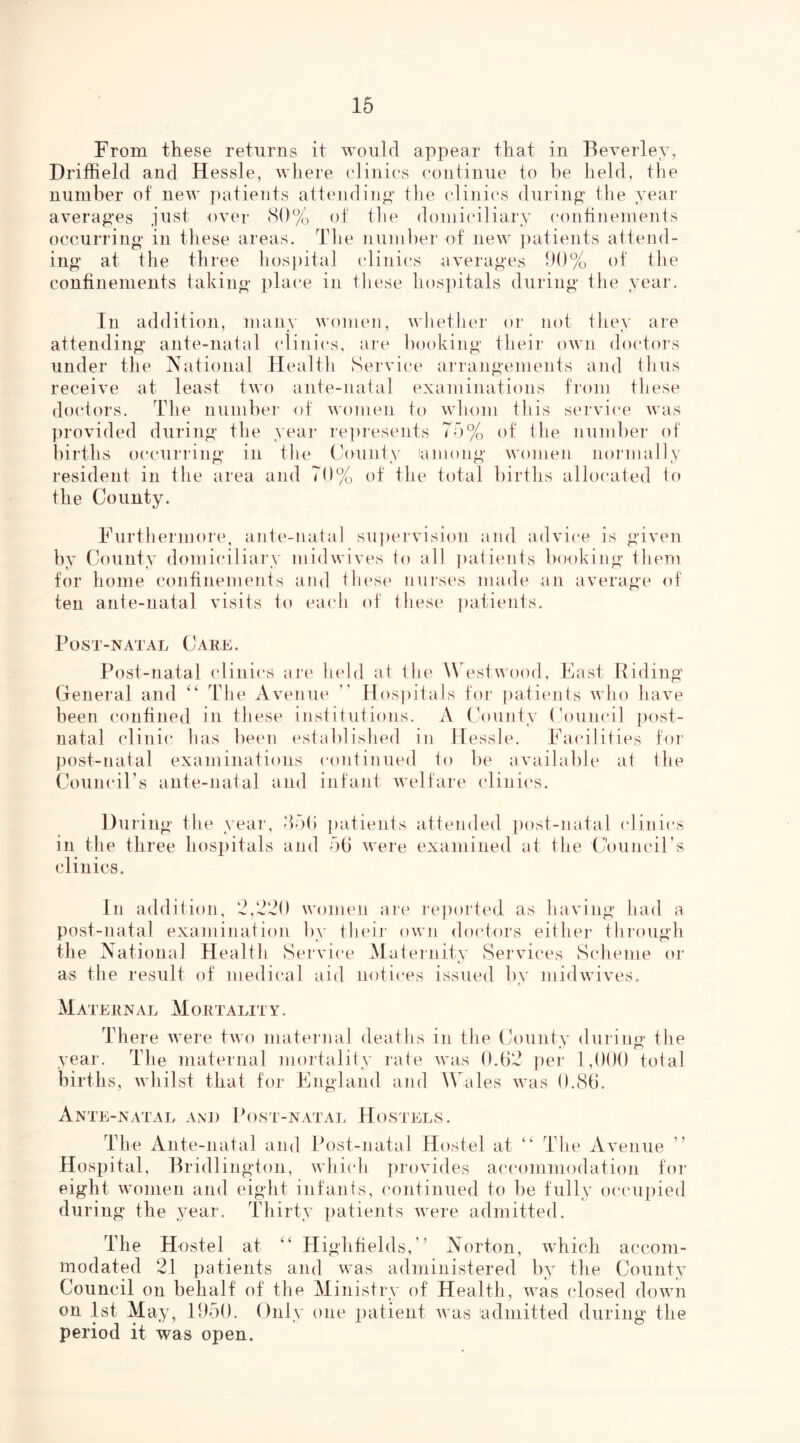 From these returns it would appear that in Beverley, Driffield and Hessle, where elinics eontinue to he held, the niimher of new patients attending’ the cdinics durinfr’ the year averages just over S()% of the domiciliary coiifiiiemeiits occurring in these areas. The iiumher of new j)atients attend- ing at the three hospital (dinics averages hh% of the confinements taking place in these hosi)itals during the year. In addition, many women, whetlier or not they are attending ante-natal (dinics, are hooking their own doctors under the National Health Service arrangements and thus receive at least two ante-natal (‘xaminations from these doctors. The nuniher of u'omen to whom this service was provided during the year re])resents 75% of the numher of hirths occurring in the County 'among women normally resident in the area and 70% of the total l)irths allocated to the County. Furthermore, ant(‘-natal su|)ervision and advice is given by County domiciliary midwives to all patients liooking them for home confinements and these nin'ses made an average of ten ante-natal visits to eacdi of these patients. Post-natal Care. Post-natal (dinics are held at the W estw(jod. East Riding General and “ The Avenue  Hos|)itals for patients who have been confined in these institutions. A (\)unty Council |)ost- natal clinic has been established in Hessle. Fa(dlities for post-natal examinations continued to be available at the Council’s ante-natal and infant welfare clinics. During the year, d5(i ])atients attended [)()st-natal clinics in the three hospitals and 5(J were examined at the Council’s clinics. In addition, women are i‘e})orted as having had a post-natal examination by their own doctors either through the National Health Service Maternity Services S(dieme or as the result of medical aid notices issued by midwives. Maternal Mortality. There were two maternal deaths in the County during the year. The maternal mortality rate was 0.62 per 1,()()() total births, whilst that for England ajid Wales was 0.86. Ante-natai, and Post-nataj. Hostels. The Ante-natal and Post-natal Hostel at “ The Avenue ” Hospital, Bridlington, whi(di ])r()vi(les accommodation for eight women and eight infants, continued to be fully occupied during the year. Thirty patients were admitted. acconi- The Hostel at “ Highfields,’’ Norton, which modated 21 patients and was administered by the County Council on behalf of the Ministry of Health, was (dosed down on 1st May, 1050, Only one i)atient was 'admitted during the period it was open.
