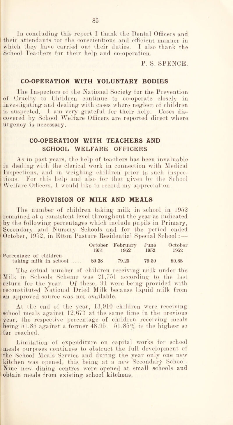 86 In concluding this re]jort I thank the Dental Officers and their attendants for the conscientious and efficient manner in which they have carried out tlieir duties. I also thank the School Teachers for tlieir liel]) and co-operation. P. S. SPENCE. CO-OPERATION WITH VOLUNTARY BODIES The Insjjectors of the National Society for the Prevention ^ of (Jruelty to Children continue to co-operate closely in 1 investigating and dealing with cases where neglect (d children 'is suspected. L am very grateful for their helji. Cases dis- ) covered hy School Welfare Officers are reported direct where . urgency is nei^essary. CO-OPERATION WITH TEACHERS AND SCHOOL WELFARE OFFICERS As in past years, the belt) of teachers has been invaluable 1 in dealing with the clerical work in connection with Medical L Inspections, and in weighing children prior to such inspec- i tiuiis. Eor this help and also for that given by the School /^Welfare Ollicers, 1 would like to recoid my appreciation. PROVISION OF MILK AND MEALS The number of children taking milk in school in 1952 remained at a consistent level throughout the year as indicated .1 by the following percentages which include pupils in Primary, (Secondary and Nursery Schools and for the period ended (October, 1952, in Etton Pasture Residential Special Sidiool :—* October February June October 1951 1952 1952 1952 ('Percentage of chiMren taking milk in sclmol 80.38 79.25 79.50 80.88 The actual numljer of childieu receiving milk under the tMilk in Schools Scheme was 21.751 according to Ihe last 3 return for the yeai*. Of these, 91 were being provided with 3 reconstituted National J)ried Milk because liquid milk from ran ajjproved source was not available. At the end of the year, 18,910 children were receiving ) school meals against 12,077 at the same time in the previous i'year, the res]jective percentage of children receiving meals I being 51.85 against a. former 48.95. 51.85% is the highest so ) far reached. Limitation of expenditure on capital works for school I meals purposes continues to obstruct the full development of I the School Meals Service and during the year only one new kitchen was opened, this being at a new vSecondary School. Nine new dining centres were opened at small schools and obtain meals from existing school kitchens.