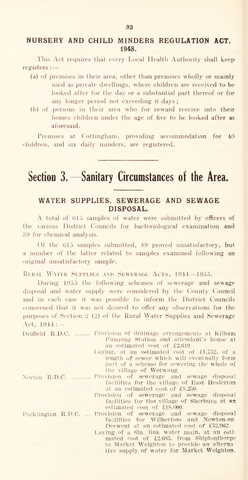 NURSERY AND CHILD MINDERS REGULATION ACT, 1948. 'I'liis A(‘l i’f(|uiiTs that vwvy I>()cal Health Autliorily sliali keep registers : — (a) of jirtMiiises in their area, ether tlian premises wholly or mainly used as private dwellings, where ehildren are reeeived to be looked alter for the da}' or a substantial part thereof or for any longer jieriod not exeeeding f) days ; (h) of persons in tlu’ir arc'a who for reward receive into their homes ehildren under the age of five to be looked after as aforesaid. Premises at (’ottingham, jiroviding accommodation for ehildren, and six daily minders, are registereil. Section 3. Sanitary Circnmstances of the Area. WATER SUPPLIES, SEWERAGE AND SEWAGE DISPOSAL. A total of (313 samples of water were submitted by officers of the \arious District (’ouneils for bacteriological examination and dn for chemical analysis. ()f llu' (jl3 samples submitted, 81) proved unsatisfactory, but a number of the latter related to sam])les examined following an original unsatisfactory sample. Hi KAL Wa'I'kh Si iM’LiKS AM) Skw F.KAi'.t, Ac:ts. ll)tt- 1933. During 1'1)33 the following schemes of sewerage and sewage disposal and water supply were considered by the (’ounty Council and in each case it was possible to inform the District Councils eoneerned that it was not desired to offer any observations for the purposes of Section 2 (2) of the Rural Water Supplies and Sewerage Act, 11)11: - Driffield R.D.C rrovisiou oT drainage arrangements at Kilham l*uiu|)ing Station and altendtinfs house at an estinialod cost of £2.(ill), l.ayiiig. at an wtimated cost of £1,752. of a leiigtli of sower which will ('ventually form liart of a scheme for sinvering the whole of file village of Wetwang. Norton R.D.C Provision of sewerage' and sewage disposal facilities for the villagt' of East Heslerton at an estimated cost of £8,250. Provision of sewerage and sewage disposal facilities for the( village of Sherbiirn at an estimated cost of £18.000. Pocklington R.D.C. ... Provision of sewerage and sewage disposal facilities for Wilberfoas and Newton-on Derwent at an estimated cost of £52,002. Laying of a Oin. link water main, at an esti- mated cost of £2.085. from Sbiptonthorpe to IMarket Weighton to provide an alterna- tive supply of water for IMarket Weighton.