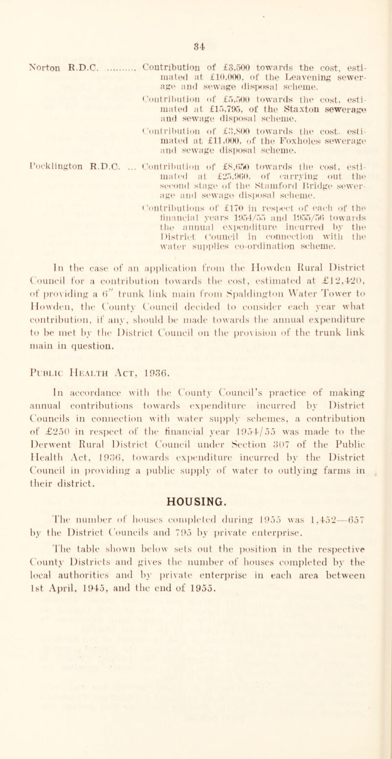 Norton R.D.C Contribution of £3,500 tOT\’-ards the cost, esti- at £10.000. of the Ceavenins sewer- af?(‘ and sewaj^e dis'iM»sal scheme. t'oiilriliiilion of £.5..500 l(twai'ds llu' cost, esti- mate<] at £1.5,70,5, of the Staxton sewerap* and sewai;e <lisi)osal scheiiu'. <’out I'ihnt ion of £:!.S(M) towaiais tlie cost, esti- mat('d at £11,000. of th(‘ Foxholcsi sinverajii' and sewaiie disi)osal scheuu‘. I’oeklinston R.D.C. ... <'outrihut ion <0* £S,(;.5i0 towards tlu‘ ciksI. esti- iiiab'd at £L55.'.m;o. of cari’.vinjx out tln' s('cond sta,U(‘ of tin' v^tainford l’.ri(li;(' sower au'f' and sewaj^o disposal schoiin'. <'oldrihutions of £170 in ih'sik'cI of I'ach (d’ the linaiicial ye,ars 11).5-f/.5.5 and 10.5.5/.5() towards tlu‘ annual <'xpi'nditur(' incnri’i'd l>y the I>istri('t (’ouiicil in emnn'ction witli tlie water supplii's oo-ordiiiation s<'heme. In the case of .aii apjiliealion from tiu' Ilowdeii Rural District (Ouiieil for a eoidriluition towards the cost, esliinaU'd at .£l’J,12(h (d’ |)ro\ i(liny: a (i ^ trunk link main from Spaldin^iton \\ ater Tower to llowdeii, tIu' County Council deciih'd to consider each year what contrihiition, if any, should h(‘ niadi' towards the annual expenditure to he met hy the District Council on the pro^ ision of the trunk link main in (juestioii. Pfid.ic Act, 11)3(7. In accordance with tiu* C'ounty Councir.s practice of making annual cont rihut ions towards ('xpendit uri' iiK'urrt'd h^' District Councils in connection with water supply schemes, a contribution of £2.50 in respect of tlu' Hnaneial year lt).5 1/.5.5 was made to the Derwent Rural District Council undt'i* Section .307 of the Public Health Act, in.3'(), towards expenditure incurred hy the District Council in |)ro\idin^ a public suj)])ly (7f water to outlying farms in their district. HOUSING. riu' number of housi's eompl('t('d durinji' i!),5.5 was 1,452—657 by the District C’ouncils and 7!)'5 by private enterprise. The table shown below sets out the i)osition in the res])ective County Districts and ^'i\es the number of houses completed by the local authorities and b}' private enterprise in each area between 1st April, lt)45, and the end of 1955.