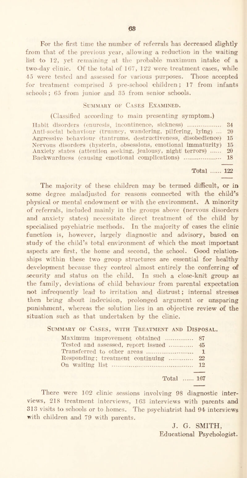 68 Fo'i' the first time the mimheir of referrals lias decreaised sli'^tly from tliat of the jirevioiis year, allowing' a reduction' in the waiting Hist to 12, }'et remainiing at the jiro'liahle maximum intake of a two-day clinic. Of the total of l(i7, 122 were treatment cases, wliile ■la were tested and assessed foir various pirrixiseis. Those accepted for treatment comprised 5 pre-school ehi'ldren; 17 from infants schools ; f)5 from junioir and -‘35 from senior schools. Summary of Cases Examined. (Classified according to main presenting symptom.) ll:d)it disorders (enuresis, incontinence, sickness) 34 Anti-social Ixdiaviour (truancy, wandering, pilfering, lying) ... 20 Aggressive Indiaviour (tantrums, destnietivcness, disobedience) 15 Nervous disorders (hysteria, obsessions, emotional immaturity) 15 Anxiety states (attention seeking, jealousy, night' terrors) 20 backwardness (causing emotional complications) 18 Total 122 The majority of these children may be termed difficult, or in some degree maladjujsted for reasonis coninedted with the child’s physical or mental endowment o'!* witli the environment. A minority of referrals, included mainly in the groups above (nervous disorders and anxiety states) necessitate direct treatment of tbe child by speciailiised psychiatric methodis. In the majority of cases the clinic function is, however, largely diagnoistic and advisory, based on study of the child’s total enAuronment of which the most important aspects are first, the home and second, the school. Good relatiom ships within these two group structures are esisen/tial for healthy development because they control almost entirely the conferring of security and status on the child. In such a close-knit group as the family, deviations oif child behaviour from parental expectation not infrequently lead to irritation and distrust; internal stresses then bring about indecision, prolonged argument or unsparing punishiment, whereas the solution lies in an objective review of the situation such as that undertaken by the clinic. Summary of Cases, with Treatment and Disposal. Maximum improvement obtained 87 Tested and assessed, report issued 45 Transferred to other areas 1 Eesponding; treatment continuing 22 On waiting list 12 Total 167 There were 102 clinic sessions involving 98 diagnostic inter- views, 218 treatment interviews, 163 interviews with parents and 313 visits to schools or to homes. The psychiatrist had 94* interiviews with children and 79 with parents. J. G. SMITH, Educational Psyc'hologist.