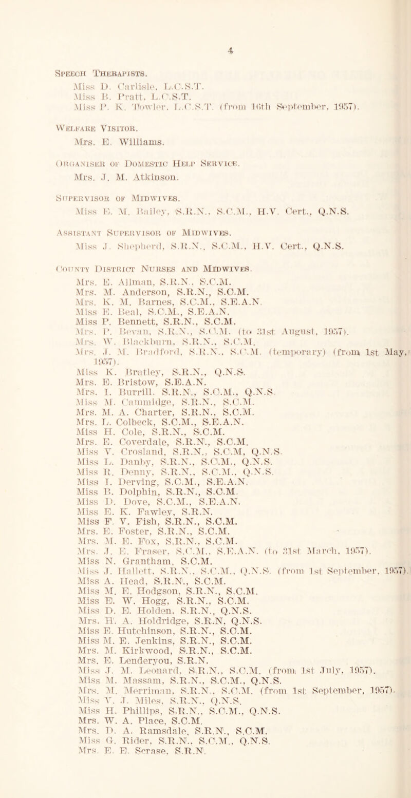 Speech I'hekafistb. Ariss 1). (\'n'lislr. I..('.S/r. Aliss P.. I'ratt. L.('.S.T. Miss P. K. 'n(i\vl<M’. (I’rom Idtli lir>7). Wf.LKAUE VlSlTOK. Mrs. E. AVilliams. OlHlAMSEll OE J )().\IEST1(:! HEEI* SkIU'K’K. Afrs. .1. AI. Atkinson. SnPERVISOK OF iMlDWlVES. Miss E. .M. P;iil(‘y. 'S.P.X.. S.E.Al.. li.V. Assistant Sni'F.nvisor of MinwivFiS. Miss .P Slirplu'i'd, S.TPX.. S.C.Al., H.V. (Vrt.. Q.N.S. Cert., Q.X.S. ('(HTNTY I)lSTR[(Tr NtTRSES and MIDWIVF'mS. Mrs. E. Ailnuin. S.K.X . S.C.M. Mrs. AI. Anderson, S.R.N., S.G.Al. Mrs. K. AI. P>nrnes. S.C.AJ., S.E.A.X. Miss E. P>enl, S.C.Al., S.E.A.X. Miss P. P>ennett, S.R.N., S.C.Al. Mi-s. it P,('v;in. S.P..X., S.C.Al. do .‘llsl .Aiiuoist. P.i.'iT). All's. \V. PdnckImiTi. S.R.X.. S.C.Al. All's. .1. AI. P.r;idro?'d, S.P.X.. S.C.Al. (tein]M»j'jn'y) (from 1st Alay, 1!Ch). Aliss K. Unit ley. S.Ii.X., g.N.S. Airs. E. Rristow, S.E.A.N. •Mrs. 1. Jinrrill. S.R.X., S.C.Al., Q.X.S. Aliss AI. (t'lnimidirt'. S.R.X.. S.C.Al. Mrs. AI. A. Charter, S.R.N., S.C.Al. .Mrs. E. Colbeck, S.C.Al., S.E.A.N. Aliss II. Cole, S.R.X., S.C.Al. Mrs. E. Coverdale, S.R.N., S.C.Al. .Miss V. Croslnnd, S.R.X., S.ttAI, Q.N.S. .Miss E. Dnnbv, S.R.X.. S.(\AJ., Q.X.S. .Miss R. Deiiiiv, S.R.N.. S.C.AL. ().X.S. Aliss I. Dervin^f. S.C.Al., S.E.A.N. Aliss P>. Dolphin, S.R.N., S.C.M Miss D. Dove, S.C.Al., S.E.A.N. Miss E. K. Fawlev, S.R.N. Miss F. V. Fish, S.R.N., S.C.Al. Airs. E. Fo.ster, S.R.N., S.C.Al. Airs. AI. E. Fox, S.R.N., S.C.Al. All's. .L E. Fi'as('r, S.(tAr.. S.E..\.N. (to ;:isl ALircdi. pioT). Aliss N. Grantham, S.C.Al, ■Miss ,1. llnllolt, S.R.N,. S.(tAl.. (CN.S. (from 1sl September. in.M), Aliss A. Head, S.R.N., S.C.Al. Aliss AI. E. Hodgson, S.R.N., S.C.Al. Aliss E. ML Hogg, S.R.N., S.C.Al. Aliss D. E. Holden. S.R.N., Q.N.S. Airs. H. A. Holdridge, S.R.N, Q.N.S. Aliss E. Hutchinson, S.R.N., S.C.M. Aliss AI. E. .Tenkins, S.R.N., S.C.Al. Airs. AI. Kirkwood, S.R.N., S.C.Al. Airs. E. Lendervou, S.R.N. Aliss .1. AI. Leonard. S.R.N., S.C.Al. (from, 1st .Inly. lO.ATL Aliss AI. Alassam, S.R.N., S.C.Al.. Q.N.S. Airs. AI. Alerriman. S.R.N., S.C.AL (from 1st September, IbATV Miss AL .1. Allies. S.R.N., (pN.S. Aliss H. Phillips. S.R.N., S.C.Al.. Q.N.S. Airs. W. A. Place, S.C.M, Airs. D. A. Ramsdale, S.R.N., S.C.Al. Aliss G. Rider. S.R.N.. S.C.Al., Q.N.S. Airs. E. E- Serase. S.R.N,