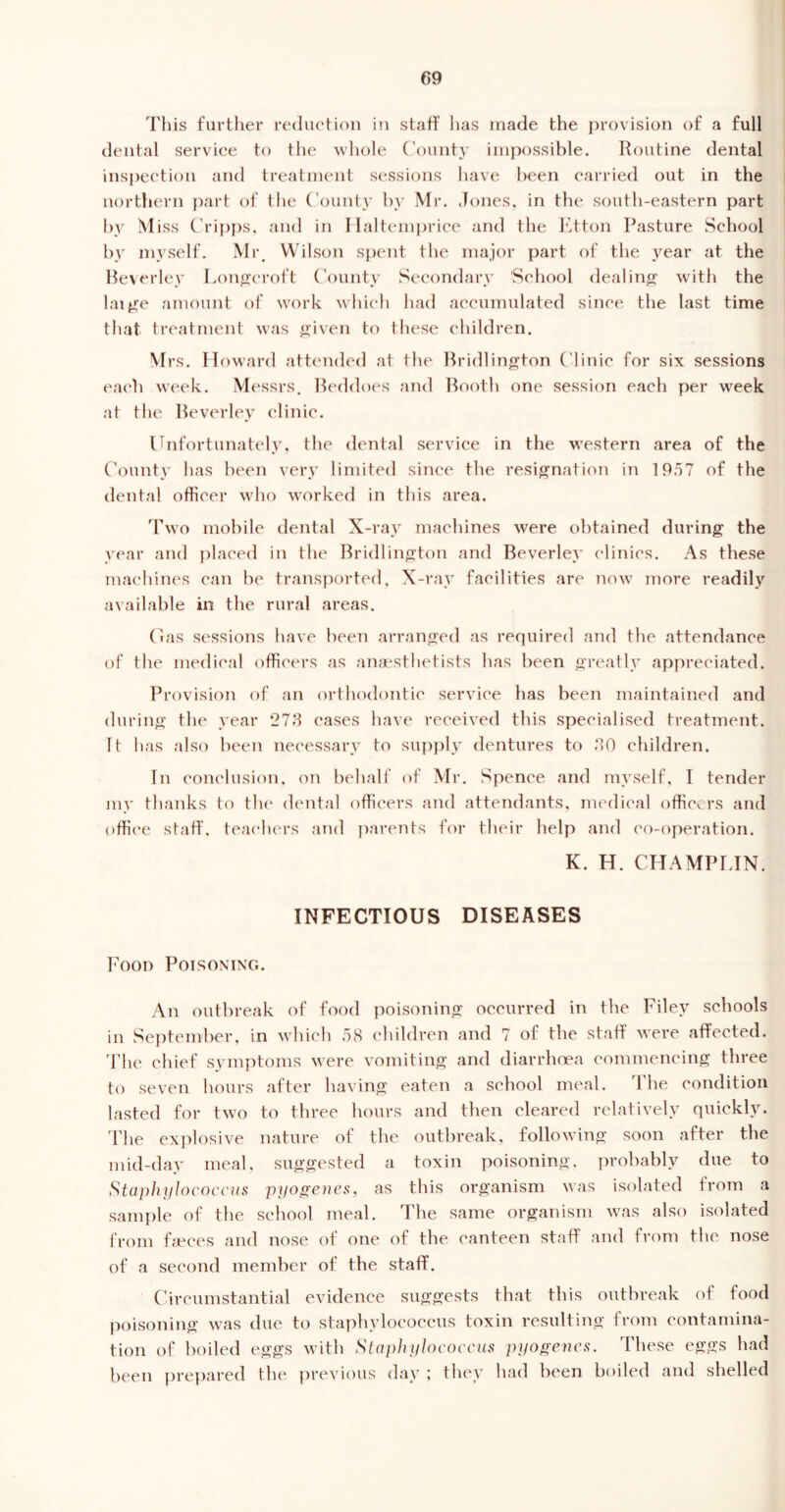 This further reduction in staff lias made the provision of a full dental service to the whole County impossible. Routine dental inspection and treatment sessions have been carried out in the northern part of the County by Mr. Jones, in the south-eastern part by Miss Cripps, and in Haltemprice and the Etton Pasture School by myself. Mr, Wilson spent the major part of the year at the Beverley Longcroft County Secondary School dealing with the laige amount of work which had accumulated since the last time that treatment was given to these children. Mrs. H oward attended at the Bridlington Clinic for six sessions each week. Messrs. Beddoes and Booth one session each per week at the Beverley clinic. Unfortunately, the dental service in the western area of the County has been very limited since the resignation in 1957 of the dental officer who worked in this area. Two mobile dental X-ray machines were obtained during the year and placed in the Bridlington and Beverley clinics. As these machines can be transported. X-ray facilities are now more readily available in the rural areas. Gas sessions have been arranged as required and the attendance of the medical officers as anaesthetists has been greatly appreciated. Provision of an orthodontic service has been maintained and during the year 273 cases have received this specialised treatment. It has also been necessary to supply dentures to 30 children. In conclusion, on behalf of Mr. Spence and myself, I tender my thanks to the dental officers and attendants, medical officers and office staff, teachers and parents for their help and co-operation. K. H. CHAMPLIN. INFECTIOUS DISEASES Food Poisoning. An outbreak of food poisoning occurred in the Filey schools in September, in which 58 children and 7 of the staff were affected. The chief symptoms were vomiting and diarrhoea commencing three to seven hours after having eaten a school meal. The condition lasted for two to three hours and then cleared relatively quickly. The explosive nature of the outbreak, following soon after the mid-day meal, suggested a toxin poisoning, probably due to Staphylococcus pyogenes, as this organism was isolated from a sample of the school meal. The same organism was also isolated from faeces and nose of one of the canteen staff and from the nose of a second member of the staff. Circumstantial evidence suggests that this outbreak of food poisoning was due to staphylococcus toxin resulting from contamina- tion of boiled eggs with Staphylococcus pyogenes. These eggs had been prepared the previous day ; they had been boiled and shelled