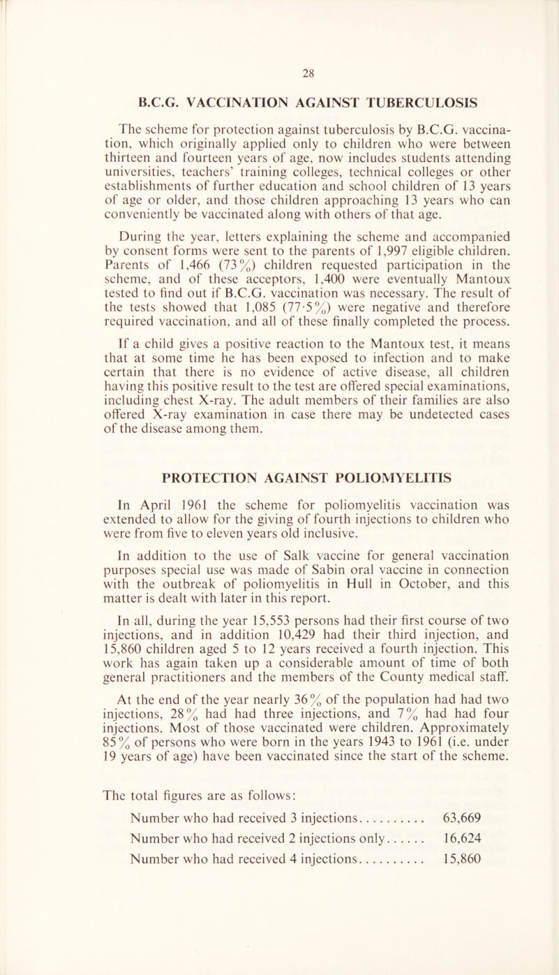 B.C.G. VACCINATION AGAINST TUBERCULOSIS The scheme for protection against tuberculosis by B.C.G. vaccina- tion, which originally applied only to children who were between thirteen and fourteen years of age, now includes students attending universities, teachers’ training colleges, technical colleges or other establishments of further education and school children of 13 years of age or older, and those children approaching 13 years who can conveniently be vaccinated along with others of that age. During the year, letters explaining the scheme and accompanied by consent forms were sent to the parents of 1,997 eligible children. Parents of 1,466 (73%) children requested participation in the scheme, and of these acceptors, 1,400 were eventually Mantoux tested to find out if B.C.G. vaccination was necessary. The result of the tests showed that 1,085 (77-5%) were negative and therefore required vaccination, and all of these finally completed the process. If a child gives a positive reaction to the Mantoux test, it means that at some time he has been exposed to infection and to make certain that there is no evidence of active disease, all children having this positive result to the test are offered special examinations, including chest X-ray. The adult members of their families are also offered X-ray examination in case there may be undetected cases of the disease among them. PROTECTION AGAINST POLIOMYELITIS In April 1961 the scheme for poliomyelitis vaccination was extended to allow for the giving of fourth injections to children who were from five to eleven years old inclusive. In addition to the use of Salk vaccine for general vaccination purposes special use was made of Sabin oral vaccine in connection with the outbreak of poliomyelitis in Hull in October, and this matter is dealt with later in this report. In all, during the year 15,553 persons had their first course of two injections, and in addition 10,429 had their third injection, and 15,860 children aged 5 to 12 years received a fourth injection. This work has again taken up a considerable amount of time of both general practitioners and the members of the County medical staff. At the end of the year nearly 36% of the population had had two injections, 28% had had three injections, and 7% had had four injections. Most of those vaccinated were children. Approximately 85% of persons who were born in the years 1943 to 1961 (i.e. under 19 years of age) have been vaccinated since the start of the scheme. The total figures are as follows: Number who had received 3 injections 63,669 Number who had received 2 injections only 16,624 Number who had received 4 injections 15,860