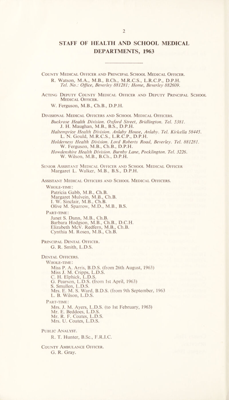 STAFF OF HEALTH AND SCHOOL MEDICAL DEPARTMENTS, 1963 County Medical Officer and Principal School Medical Officer. R. Watson, M.A., M.B., B.Ch., M.R.C.S., L.R.C.P., D.P.H. Tel. No.: Office, Beverley 881281; Home, Beverley 882609. Acting Deputy County Medical Officer and Deputy Principal School Medical Officer. W. Ferguson, M.B., Ch.B., D.P.H. Divisional Medical Officers and School Medical Officers. Buck rose Health Division. Oxford Street, Bridlington. Tel. 5381. J. H. Maughan, M.B., B.S., D.P.H. Haltemprice Health Division. Anlaby House, Anlahy. Tel. Kirkella 58445. L. N. Gould, M.R.C.S., L.R.C.P., D.P.H. Holderness Health Division. Lord Roberts Road, Beverley. Tel. 881281. W. Ferguson, M.B., Ch.B., D.P.H. Howdenshire Health Division. Burnby Lane, Pocklington. Tel. 3226. W. Wilson, M.B., B.Ch., D.P.H. Senior Assistant Medical Officer and School Medical Officer Margaret L. Walker, M.B., B.S., D.P.H. Assistant Medical Officers and School Medical Officers. Whole-time: Patricia Gabb, M.B., Ch.B. Margaret Mulvein, M.B., Ch.B. I. W. Sinclair, M.B., Ch.B. Olive M. Sparrow, M.D., M.B., B.S. Part-time : Janet S. Dann, M.B., Ch.B. Barbara Hodgson, M.B., Ch.B., D.C.H. Elizabeth McV. Redfern, M.B., Ch.B. Cynthia M. Rosen, M.B., Ch.B. Principal Dental Officer. G. R. Smith, L.D.S. Dental Officers. Whole-time: Miss P. A. Arris, B.D.S. (from 26th August, 1963) Miss J. M. Cripps, L.D.S. C. H. Elphick, L.D.S. G. Pearson, L.D.S. (from 1st April, 1963) S. Smullen, L.D.S. Mrs. E. M. S. Ward, B.D.S. (from 9th September, 1963 L. B. Wilson, L.D.S. Part-time : Mrs. J. M. Ayers, L.D.S. (to 1st February, 1963) Mr. E. Beddoes, L.D.S. Mr. R. F. Coates, L.D.S. Mrs. U. Coates, L.D.S. Public Analyst. R. T. Hunter, B.Sc., F.R.I.C. County Ambulance Officer. G. R. Gray.