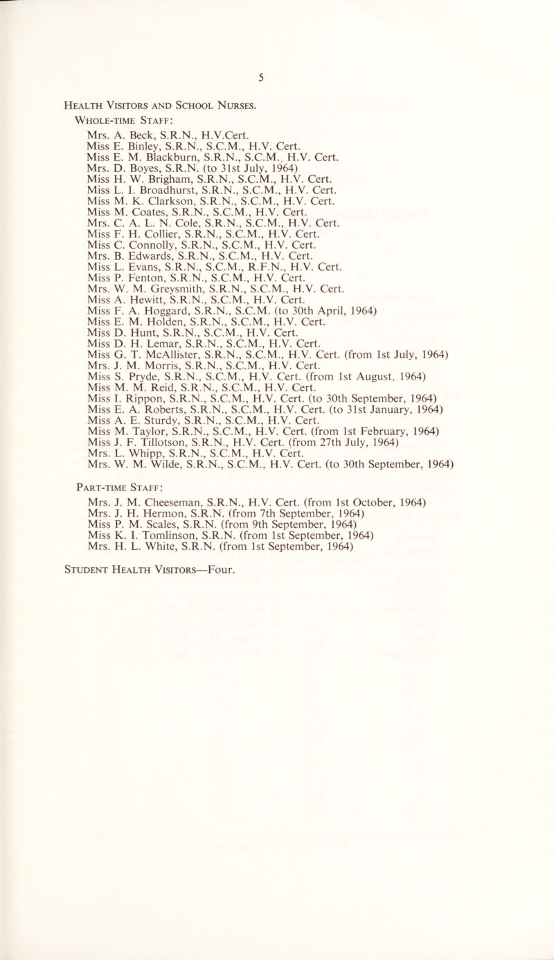 Health Visitors and School Nurses. Whole-time Staff: Mrs. A. Beck, S.R.N., H.V.Cert. Miss E. Binley, S.R.N., S.C.M., H.V. Cert. Miss E. M. Blackburn, S.R.N., S.C.M., H.V. Cert. Mrs. D. Boyes, S.R.N. (to 31st July, 1964) Miss H. W. Brigham, S.R.N., S.C.M., H.V. Cert. Miss L. I. Broadhurst, S.R.N., S.C.M., H.V. Cert. Miss M. K. Clarkson, S.R.N., S.C.M., H.V. Cert. Miss M. Coates, S.R.N., S.C.M., H.V. Cert. Mrs. C. A. L. N. Cole, S.R.N., S.C.M., H.V. Cert. Miss E. H. Collier, S.R.N., S.C.M., H.V. Cert. Miss C. Connolly, S.R.N., S.C.M., H.V. Cert. Mrs. B. Edwards, S.R.N., S.C.M., H.V. Cert. Miss L. Evans, S.R.N., S.C.M., R.F.N., H.V. Cert. Miss P. Eenton, S.R.N., S.C.M., H.V. Cert. Mrs. W. M. Greysmith, S.R.N., S.C.M., H.V. Cert. Miss A. Hewitt, S.R.N., S.C.M., H.V. Cert. Miss F. A. Hoggard, S.R.N., S.C.M. (to 30th April, 1964) Miss E. M. Holden, S.R.N., S.C.M., H.V. Cert. Miss D. Hunt, S.R.N., S.C.M., H.V. Cert. Miss D. H. Lemar, S.R.N., S.C.M., H.V. Cert. Miss G. T. McAllister, S.R.N., S.C.M., H.V. Cert, (from 1st July, 1964) Mrs. J. M. Morris, S.R.N., S.C.M., H.V. Cert. Miss S. Pryde, S.R.N., S.C.M., H.V. Cert, (from 1st August, 1964) Miss M. M. Reid, S.R.N., S.C.M., H.V. Cert. Miss I. Rippon, S.R.N., S.C.M., H.V. Cert, (to 30th September, 1964) Miss E. A. Roberts, S.R.N., S.C.M., H.V. Cert, (to 31st January, 1964) Miss A. E. Sturdy, S.R.N., S.C.M., H.V. Cert. Miss M. Taylor, S.R.N., S.C.M., H.V. Cert, (from 1st February, 1964) Miss J. F. Tillotson, S.R.N., H.V. Cert, (from 27th July, 1964) Mrs. L. Whipp, S.R.N., S.C.M., H.V. Cert. Mrs. W. M. Wilde, S.R.N., S.C.M., H.V. Cert, (to 30th September, 1964) Part-time Staff: Mrs. J. M. Cheeseman, S.R.N., H.V. Cert, (from 1st October, 1964) Mrs. J. H. Hermon, S.R.N. (from 7th September, 1964) Miss P. M. Scales, S.R.N. (from 9th September, 1964) Miss K. I. Tomlinson, S.R.N. (from 1st September, 1964) Mrs. H. L. White, S.R.N. (from 1st September, 1964) Student Health Visitors—Four.