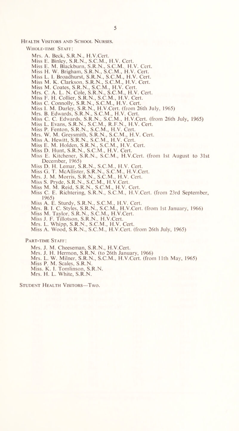 Health Visitors and School Nurses. Whole-time Staef: Mrs. A. Beck, S.R.N., H.V.Cert. Miss E. Binley, S.R.N., S.C.M., H.V. Cert. Miss E. M. Blackburn, S.R.N., S.C.M., H.V. Cert. Miss H. W. Brigham, S.R.N., S.C.M., H.V. Cert. Miss L. E Broadhurst, S.R.N., S.C.M., H.V. Cert. Miss M. K. Clarkson, S.R.N., S.C.M., H.V. Cert. Miss M. Coates, S.R.N., S.C.M., H.V. Cert. Mrs. C. A. L. N. Cole, S.R.N., S.C.M., H.V. Cert. Miss F. H. Collier, S.R.N., S.C.M., H.V. Cert. Miss C. Connolly, S.R.N., S.C.M., H.V. Cert. Miss E M. Darley, S.R.N., H.V.Cert. (from 26th July, 1965) Mrs. B. Edwards, S.R.N., S.C.M., H.V. Cert. Miss C. C. Edwards, S.R.N., S.C.M., H.V.Cert. (from 26th July, 1965) Miss L. Evans, S.R.N., S.C.M., R.F.N., H.V. Cert. Miss P. Fenton, S.R.N., S.C.M., H.V. Cert. Mrs. W. M. Greysmith, S.R.N., S.C.M., H.V. Cert. Miss A. Hewitt, S.R.N., S.C.M., H.V. Cert. Miss E. M. Holden, S.R.N., S.C.M., H.V. Cert. Miss D. Hunt, S.R.N., S.C.M., H.V. Cert. Miss E. Kitchener, S.R.N., S.C.M., H.V.Cert. (from 1st August to 31st December, 1965) Miss D. H. Lemar, S.R.N., S.C.M., H.V. Cert. Miss G. T. McAllister, S.R.N., S.C.M., H.V.Cert. Mrs. J. M. Morris, S.R.N., S.C.M., H.V. Cert. Miss S. Pryde, S.R.N., S.C.M., H.V.Cert. Miss M. M. Reid, S.R.N., S.C.M., H.V. Cert. Miss C. E, Richtering, S.R.N., S.C.M., H.V.Cert. (from 23rd September, 1965) Miss A. E. Sturdy, S.R.N., S.C.M., H.V. Cert. Mrs. B. 1. C. Styles, S.R.N., S.C.M., H.V.Cert. (from 1st January, 1966) Miss M. Taylor, S.R.N., S.C.M., H.V.Cert. Miss J. F. Tillotson, S.R.N., H.V.Cert. Mrs. L. Whipp, S.R.N., S.C.M., H.V. Cert. Miss A. Wood, S.R.N., S.C.M., H.V.Cert. (from 26th July, 1965) Part-time Staff: Mrs. J. M. Cheeseman, S.R.N., H.V.Cert. Mrs. J. H. Hermon, S.R.N. (to 26th January, 1966) Mrs. L. W. Milner, S.R.N., S.C.M., H.V.Cert. (from 11th May, 1965) Miss P. M. Scales, S.R.N. Miss. K. E Tomlinson, S.R.N, Mrs. H. L. White, S.R.N. Student Health Visitors—Two.