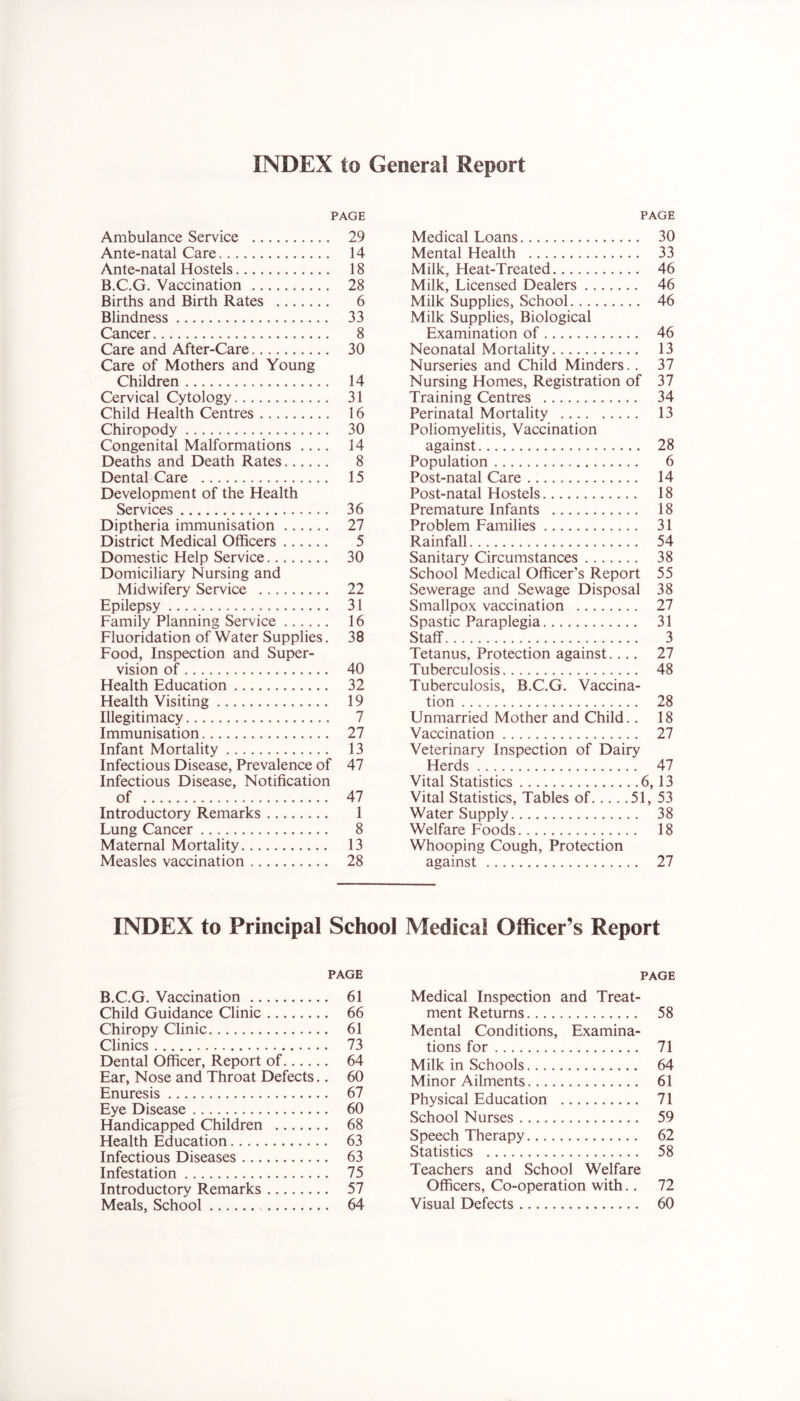 INDEX to General Report PAGE Ambulance Service 29 Ante-natal Care 14 Ante-natal Hostels 18 B.C.G. Vaccination 28 Births and Birth Rates 6 Blindness 33 Cancer 8 Care and After-Care 30 Care of Mothers and Young Children 14 Cervical Cytology 31 Child Health Centres 16 Chiropody 30 Congenital Malformations .... 14 Deaths and Death Rates 8 Dental Care 15 Development of the Health Services 36 Diptheria immunisation 27 District Medical Officers 5 Domestic Help Service 30 Domiciliary Nursing and Midwifery Service 22 Epilepsy 31 Family Planning Service 16 Fluoridation of Water Supplies. 38 Food, Inspection and Super- vision of 40 Health Education 32 Health Visiting 19 Illegitimacy 7 Immunisation 27 Infant Mortality 13 Infectious Disease, Prevalence of 47 Infectious Disease, Notification of 47 Introductory Remarks 1 Lung Cancer 8 Maternal Mortality 13 Measles vaccination 28 PAGE Medical Loans 30 Mental Health 33 Milk, Heat-Treated 46 Milk, Licensed Dealers 46 Milk Supplies, School 46 Milk Supplies, Biological Examination of 46 Neonatal Mortality 13 Nurseries and Child Minders.. 37 Nursing Homes, Registration of 37 Training Centres 34 Perinatal Mortality 13 Poliomyelitis, Vaccination against 28 Population 6 Post-natal Care 14 Post-natal Hostels 18 Premature Infants 18 Problem Families 31 Rainfall 54 Sanitary Circumstances 38 School Medical Officer’s Report 55 Sewerage and Sewage Disposal 38 Smallpox vaccination 27 Spastic Paraplegia 31 Staff 3 Tetanus, Protection against.... 27 Tuberculosis 48 Tuberculosis, B.C.G. Vaccina- tion 28 Unmarried Mother and Child.. 18 Vaccination 27 Veterinary Inspection of Dairy Herds 47 Vital Statistics 6,13 Vital Statistics, Tables of 51, 53 Water Supply 38 Welfare Foods 18 Whooping Cough, Protection against 27 INDEX to Principal School Medical Officer’s Report PAGE B.C.G. Vaccination 61 Child Guidance Clinic 66 Chiropy Clinic 61 Clinics 73 Dental Officer, Report of 64 Ear, Nose and Throat Defects.. 60 Enuresis 67 Eye Disease 60 Handicapped Children 68 Health Education 63 Infectious Diseases 63 Infestation 75 Introductory Remarks 57 Meals, School 64 PAGE Medical Inspection and Treat- ment Returns 58 Mental Conditions, Examina- tions for 71 Milk in Schools 64 Minor Ailments 61 Physical Education 71 School Nurses 59 Speech Therapy 62 Statistics 58 Teachers and School Welfare Officers, Co-operation with.. 72 Visual Defects 60