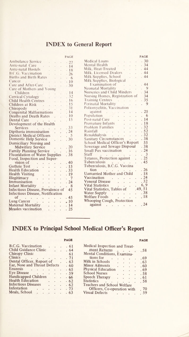 INDEX to General Report Ambulance Service PAGE • 77 Medical Loans .... PAGE . 30 Ante-natal Care .... • 14 Mental Health .... . 34 Ante-natal Hostels • 18 Milk, Heat-Treated . 44 B.C .G. Vaccination • 26 Milk, Licensed Dealers . 44 Births and Birth Rates • 6 Milk Supplies, School . 44 Cancer • 10 Milk Supplies, Biological Care and After-Care • 30 Examination of ... . 44 Care of Mothers and Young Neonatal Mortality . 9 Children 14 Nurseries and Child Minders . 34 Cervical Cytology 32 Nursing Homes, Registration of 34 Child Health Centres 16 1 raining Centres .... . 35 Children at Risk .... 15 Perinatal Mortality . 9 Chiropody 31 Poliomyelitis, Vaccination . 25 Congenital Malformations 14 against Deaths and Death Rates 10 Population . 6 Dental Care . 15 Post-natal Care .... . 14 Development of the Health Premature Infants . 18 Services . 33 Problem Families . 32 Diptheria immunisation . 24 Rainfall . 52 District Medical Officers . 5 Renaldialysis . 32 Domestic Help Service . 30 Sanitary Circumstances . 38 Domiciliary Nursing and School Medical Officer’s Report 55 Midwifery Service . 20 Sewerage and Sewage Disposal . 38 Family Planning Service . 16 Small Pox vaccination . 24 Fluoridation of Water Supplies . 38 Staff . 3 Food, Inspection and Super- Tetanus, Protection against . 25 vision of . 40 Tuberculosis . 45 Guthrie Test . 15 Tuberculosis, B.C.G. Vaccina Health Education . 33 tion . 26 Health Visiting .... . 19 Unmarried Mother and Child . 18 Illegitimacy . 7 Vaccination . 24 Immunisation .... . 24 Veneral Disease .... . 32 Infant Mortality .... . 8 Vital Statistics .... 6,9 Infectious Disease, Prevalence of 45 Vital Statistics, Tables of .49, 51 Infectious Disease, Notification Water Supply . 38 of . 45 Welfare Foods .... . 18 Lung Cancer , 10 Whooping Cough, Protection . 24 Maternal Mortality . 14 against Measles vaccination . 25 INDEX to Principal School Medical Officer’s Report PAGE B.C.G. Vaccination . . . .61 Child Guidance Clinic . . .64 Chiropy Clinic 61 Clinics 71 Dental Officer, Report of . 63 Ear, Nose and Throat Defects . 60 Enuresis 65 Eye Disease 59 Handicapped Children . . . 66 Health Education . . . .62 Infectious Diseases . . . .62 Infestation 73 Meals_, School . . . . .63 PAGE Medical Inspection and Treat- ment Returns , . , . .58 Mental Conditions, Examina- tions for 69 Milk in Schools 63 Minor Ailments 60 Physical Education . . . .69 School Nurses 58 Speech Therapy 61 Statistics 58 Teachers and School Welfare Officers, Co-operation with . 70 Visual Defects 59