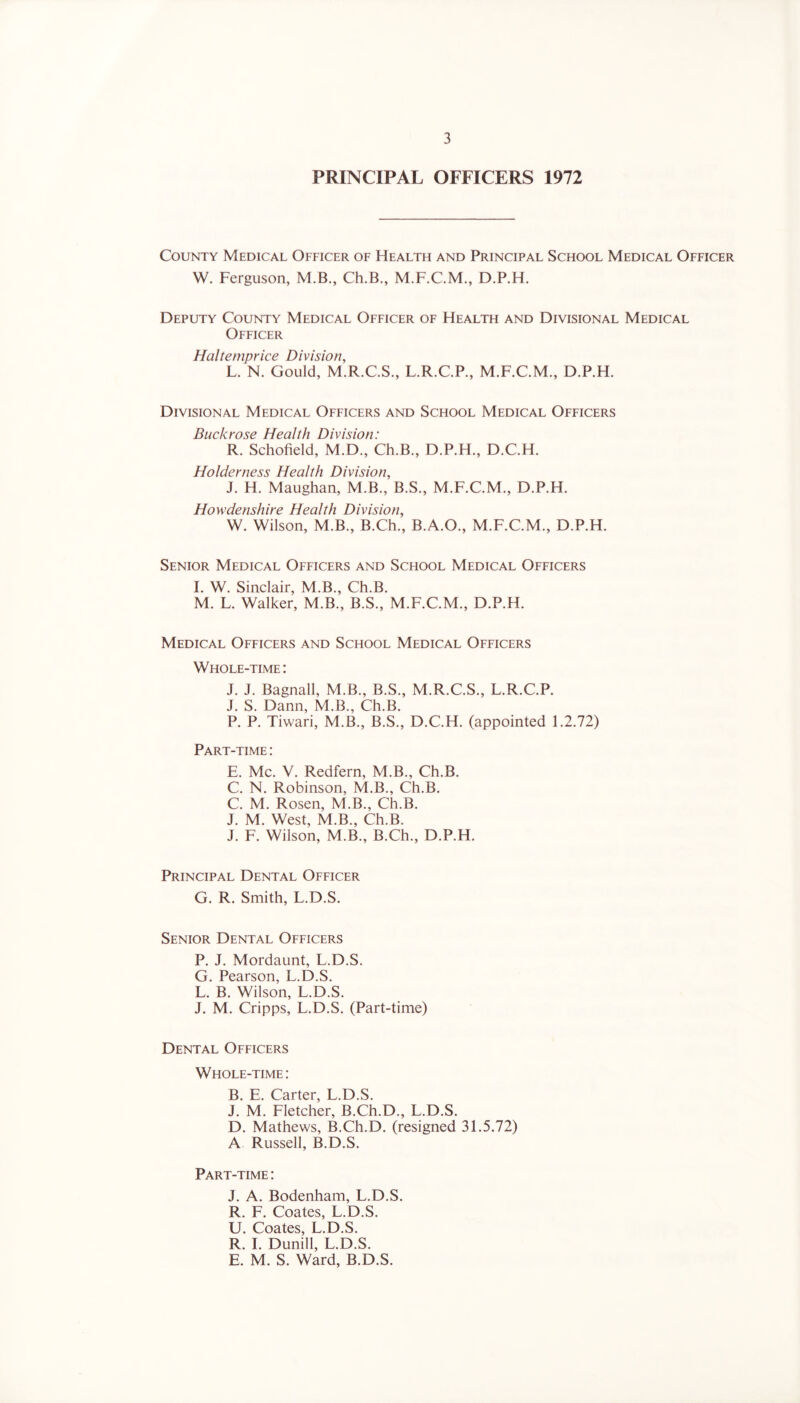 PRINCIPAL OFFICERS 1972 County Medical Officer of Health and Principal School Medical Officer W. Ferguson, M.B., Ch.B., M.F.C.M., D.P.H. Deputy County Medical Officer of Health and Divisional Medical Officer Haltemprice Division, L. N. Gould, M.R.C.S., L.R.C.P., M.F.C.M., D.P.H. Divisional Medical Officers and School Medical Officers Buckrose Health Division: R. Schofield, M.D., Ch.B., D.P.H., D.C.H. Holderness Health Division, J. H. Maughan, M.B., B.S., M.F.C.M., D.P.H. How denshire Health Division, W. Wilson, M.B., B.Ch., B.A.O., M.F.C.M., D.P.H. Senior Medical Officers and School Medical Officers I. W. Sinclair, M.B., Ch.B. M. L. Walker, M.B., B.S., M.F.C.M., D.P.H. Medical Officers and School Medical Officers Whole-time: J. J. Bagnall, M.B., B.S., M.R.C.S., L.R.C.P. J. S. Dann, M.B., Ch.B. P. P. Tiwari, M.B., B.S., D.C.H. (appointed 1.2.72) Part-time : E. Me. V. Redfern, M.B., Ch.B. C. N. Robinson, M.B., Ch.B. C. M. Rosen, M.B., Ch.B. J. M. West, M.B., Ch.B. J. F. Wilson, M.B., B.Ch., D.P.H. Principal Dental Officer G. R. Smith, L.D.S. Senior Dental Officers P. J. Mordaunt, L.D.S. G. Pearson, L.D.S. L. B. Wilson, L.D.S. J. M. Cripps, L.D.S. (Part-time) Dental Officers Whole-time : B. E. Carter, L.D.S. J. M. Fletcher, B.Ch.D., L.D.S. D. Mathews, B.Ch.D. (resigned 31.5.72) A Russell, B.D.S. Part-time : J. A. Bodenham, L.D.S. R. F. Coates, L.D.S. U. Coates, L.D.S. R. I. Dunill, L.D.S. E. M. S. Ward, B.D.S.