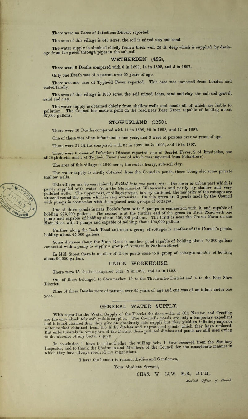 The area of this village is 540 acres, the soil is mixed clay and sand. The water supply is obtained chiefly from a brick well 25 ft. deep which is supplied by drain¬ age from the green through pipes in the sub-soil. WETHERDEN (452), There were 6 Deaths compared with 6 in 1899, 14 in 1898, and 5 in 1897. Only one Death was of a person over 65 years of age. There was one case of Typhoid Fever reported. This case was imported from London and ended fatally. The area of this village is 1830 acres, the soil mixed loam, sand and clay, the sub-soil gravel, sand and clay. The water supply is obtained chiefly from shallow wells and ponds all of which are liable to pollution. The Council has made a pond on the road near Base Green capable of holding about 67,000 gallons. STOWUPLAND (1250). There were 10 Deaths compared with 11 in 1899, 20 in 1898, and 17 in 1897. One of these was of an infant under one year, and 3 were of persons over 65 years of age. There were 31 Births compared with 35 in 1899, 38 in 1898, and 49 in 1897. There were 6 cases of Infectious Disease reported, one of Scarlet Fever, 2 of Erysipelas, one of Diphtheria, and 2 of Typhoid Fever (one of which was imported from Felixstowe). The area of this village is 2840 acres, the soil is heavy, sub-soil clay. The water supply is chiefly obtained from the Council’s ponds, there being also some private shallow wells. This village can be conveniently divided into two parts, viz:—the lower or urban part which is partly supplied with water from the Stowmarket Waterworks and partly by shallow and very polluted wells. The upper part, or village proper, is very scattered, the majority of the cottages are situated round the green which is very extensive. On this green are 3 ponds made by the Council with pumps in connection with them placed near groups of cottages. One of these ponds is near Poole’s farm with 2 pumps in comnection with it, and capable of holdino- 273 000 gallons. The second is at the further end of the green on Back Road with one pump and capable of holding about 150,000 gallons. The third is near the Crown Farm on the Main Road with 2 pumps and capable of Holding about 105,000 gallons. Further along the Back Road and near a group of cottages is another of the Council’s ponds, holding about 45,000 gallons. Some distance along the Main Road is another pond capable of holding about 70,000 gallons connected with a pump to supply a group of cottages in Saxham Street. In Mill Street there is another of these ponds close to a group of cottages capable of holding about 90,000 gallons. UNION WORKHOUSE. There were 15 Deaths compared with 19 in 1899, and 20 in 1898. One of these belonged to Stowmarket, 10 to the Thedwastre District and 4 to the East Stow District. Nine of these Deaths were of persons over 65 years of age aud one was of an infant under one year. GENERAL WATER SUPPLY. With regard to the Water Supply of the District the deep wells at Old Newton and Creeting are the only absolutely safe public supplies. The Council’s ponds are only a temporary expedient and it is not claimed that they give an absolutely safe supply but they yield an infinitely superior water to that obtained from the filthy ditches and unprotected ponds which they have replaced. But unfortunately in some parts of the District these polluted ditches and ponds are still used owing to the absence of any better supply. In conclusion I have to acknowledge the willing help I have received from the Sanitary Inspector, and to thank the Chairman and Members of the Council for the considerate manner in which they have always received my suggestions. I have the honour to remain, Ladies and Gentlemen, Your obedient Servant, CHAS. W. LOW, M.B., D.P.H., Medical Officer of Health.