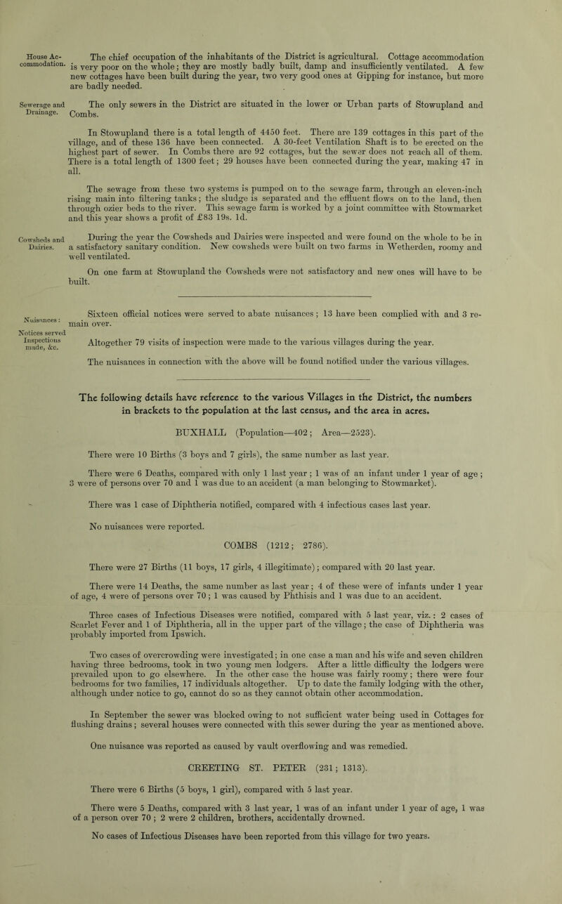 House Ac- The chief occupation of the inhabitants of the District is agricultural. Cottage accommodation commodation. jg whole; they are mostly badly built, damp and insufficiently ventilated. A few new cottages have been built during the year, two very good ones at Gipping for instance, but more are badly needed. Sewerage and The only sewers in the District are situated in the lower or Urban parts of Stowupland and Drainage. Combs. In Stowupland there is a total length of 4450 feet. There are 139 cottages in this part of the village, and of these 136 have been connected. A 30-feet Ventilation Shaft is to be erected on the highest part of sewer. In Combs there are 92 cottages, but the sewer does not reach all of them. There is a total length of 1300 feet; 29 houses have been connected during the year, making 47 in all. The sewage from these two systems is pumped on to the sewage farm, through an eleven-inch rising main into filtering tanks; the sludge is separated and the effiuent flows on to the land, then through ozier beds to the river. This sewage farm is worked by a joint committee with Stowmarket and this year shows a profit of £83 19s. Id. Cowsheds and During the year the Cowsheds and Dairies were inspected and were found on the whole to be in Dailies. a satisfactory sanitary condition. New cowsheds were built on two farms in Wetherden, roomy and well ventilated. On one farm at Stowupland the Cowsheds were not satisfactory and new ones will have to be built. Nuisances: Sixteen official notices were served to abate nuisances ; 13 have been complied with and 3 re- main over. Notices served Inspections made, &c. Altogether 79 visits of inspection were made to the various villages during the year. The nuisances in connection with the above will be found notified under the various villages. The following details have reference to the various Villages in the District, the numbers in brackets to the population at the last census, and the area in acres. BUXHALL (Population—402 ; Area—2523). There were 10 Births (3 boj's and 7 girls), the same number as last year. There were 6 Deaths, compared with only 1 last year ; 1 was of an infant under 1 year of age ; 3 were of persons over 70 and 1 was due to an accident (a man belonging to Stowmarket). There was 1 case of Diphtheria notified, compared with 4 infectious cases last year. No nuisances were reported. COMBS (1212; 2786). There were 27 Births (11 boys, 17 girls, 4 illegitimate); compared with 20 last year. There were 14 Deaths, the same number as last year; 4 of these were of infants under 1 year of age, 4 were of persons over 70; 1 was caused by Phthisis and 1 was due to an accident. Three cases of Infectious Diseases were notified, compared with 5 last year, viz.: 2 cases of Scarlet Fever and 1 of Diphtheria, all in the upper part of the village; the case of Diphtheria was probably imported from Ipswich. Two cases of overcrowding were investigated; in one case a man and his wife and seven children liaving three bedrooms, took in two young men lodgers. After a little difficulty the lodgers were prevailed upon to go elsewhere. In the other case the house was fairly roomy; there were four bedrooms for two families, 17 individuals altogether. Up to date the family lodging with the other, althoiigh under notice to go, cannot do so as they cannot obtain other accommodation. In September the sewer was blocked owing to not sufficient water being used in Cottages for flushing drains; several houses were connected with this sewer during the year as mentioned above. One nuisance was reported as caused by vault overflowing and was remedied. CKEETING ST. PETER (231; 1313). There were 6 Births (5 boys, 1 girl), compared with 5 last year. There were 5 Deaths, compared with 3 last year, 1 was of an infant under 1 year of age, 1 was of a person over 70 ; 2 were 2 children, brothers, accidentally drowned. No cases of Infectious Diseases have been reported from this village for two years.
