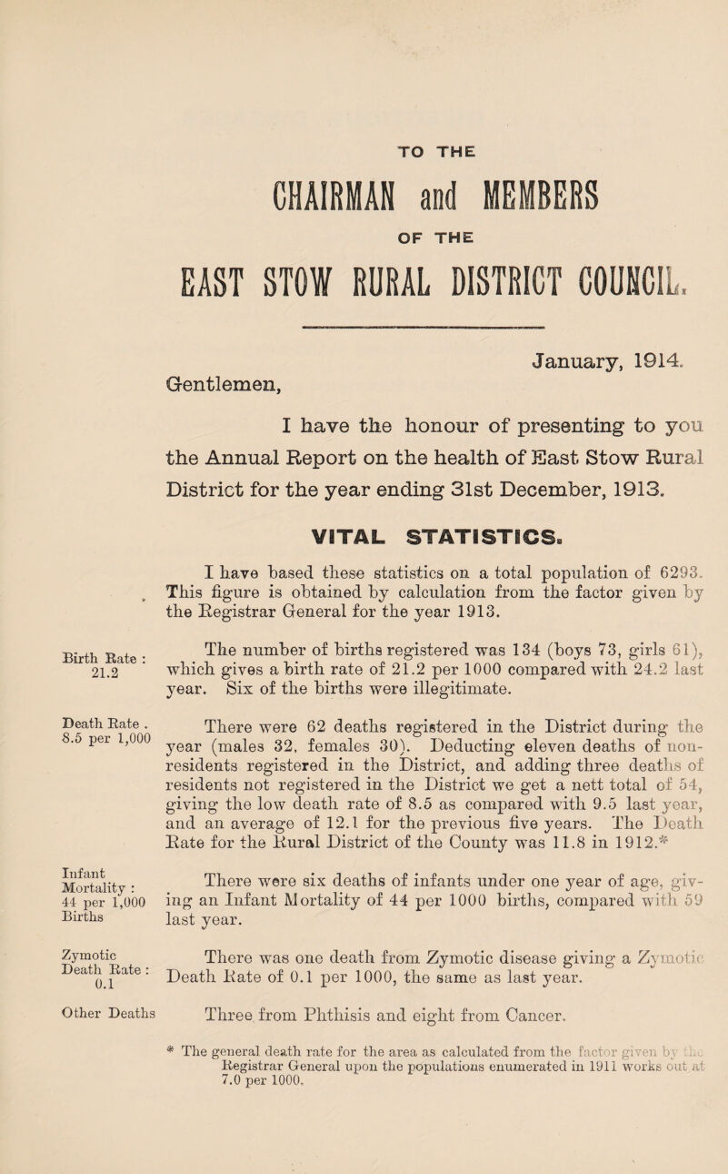TO THE Birth Bate : 21.2 Death Rate . 8.5 per 1,000 Infant Mortality : 44 per 1,000 Births Zymotic Death Bate : 0.1 Other Deaths CHAIRMAN and MEMBERS OF THE EAST STOW RURAL DISTRICT COUNCIL, January, 1914, Gentlemen, I have the honour of presenting to you the Annual Report on the health of East Stow Rural District for the year ending 31st December, 1913. VITAL STATISTICS* I have based these statistics on a total population of 6293,, This figure is obtained by calculation from the factor given by the Registrar General for the year 1913. The number of births registered was 134 (boys 73, girls 61), which gives a birth rate of 21.2 per 1000 compared with 24.2 last year. Six of the births were illegitimate. There were 62 deaths registered in the District during the year (males 32, females 30). Deducting eleven deaths of non¬ residents registered in the District, and adding three deaths of residents not registered in the District we get a nett total of 54, giving the low death rate of 8.5 as compared with 9.5 last year, and an average of 12.1 for the previous five years. The Death Rate for the Rural District of the County was 11.8 in 1912.* There were six deaths of infants under one year of age, giv¬ ing an Infant Mortality of 44 per 1000 births, compared with 59 last year. There was one death from Zymotic disease giving a Zymotic Death Rate of 0.1 per 1000, the same as last year. Three from Phthisis and eight from Cancer. * The general death rate for the area as calculated from the factor given by ho Kegistrar General upon the populations enumerated in 1911 works out at 7.0 per 1000,