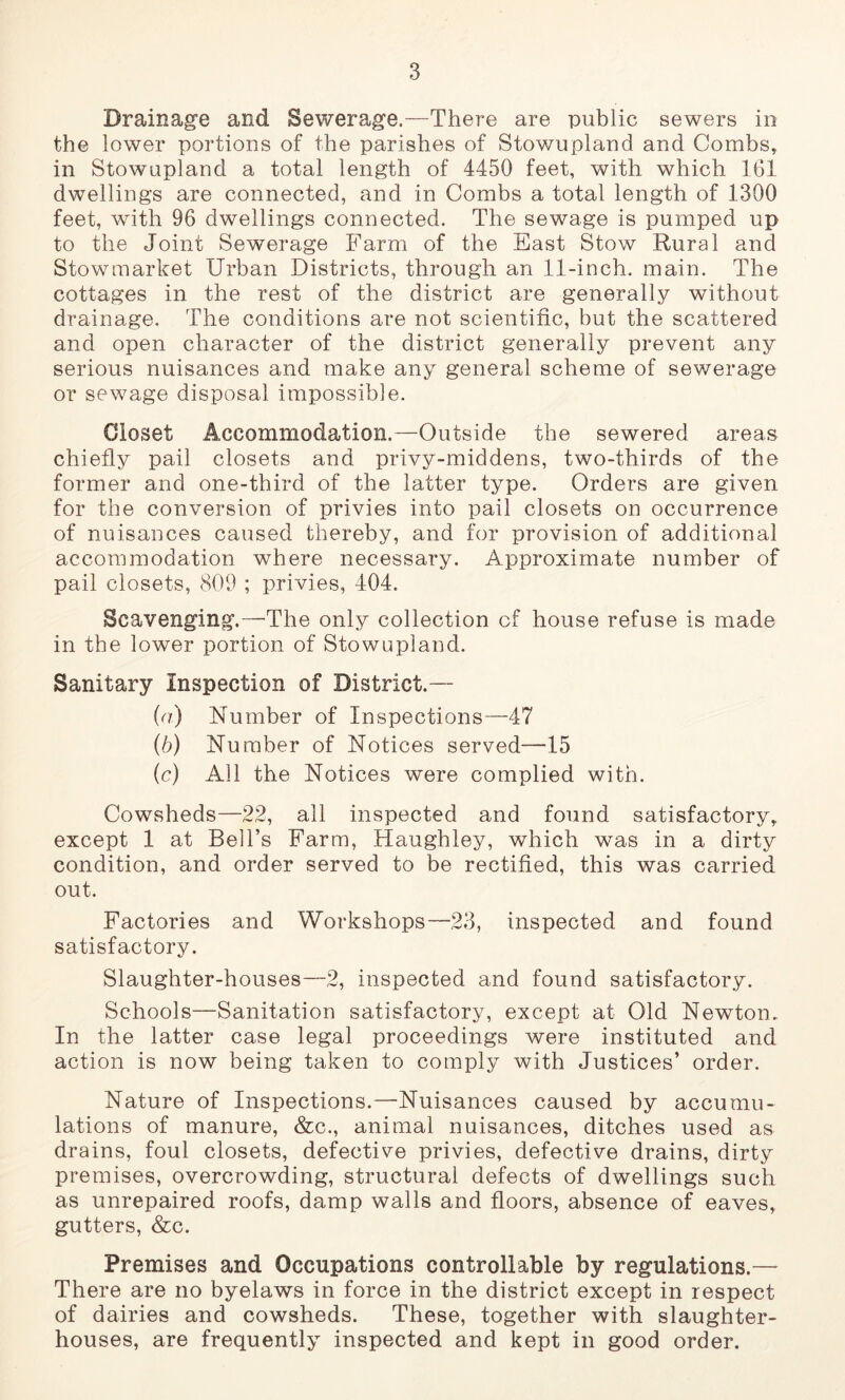 Drainage and Sewerage.—There are public sewers in the lower portions of the parishes of Stowupland and Combs, in Stowupland a total length of 4450 feet, with which 161 dwellings are connected, and in Combs a total length of 1300 feet, with 96 dwellings connected. The sewage is pumped up to the Joint Sewerage Farm of the East Stow Rural and Stowmarket Urban Districts, through an 11-inch. main. The cottages in the rest of the district are generally without drainage. The conditions are not scientific, but the scattered and open character of the district generally prevent any serious nuisances and make any general scheme of sewerage or sewage disposal impossible. Closet Accommodation.—Outside the sewered areas chiefly pail closets and privy-middens, two-thirds of the former and one-third of the latter type. Orders are given for the conversion of privies into pail closets on occurrence of nuisances caused thereby, and for provision of additional accommodation where necessary. Approximate number of pail closets, 809 ; privies, 404. Scavenging.—The only collection of house refuse is made in the lower portion of Stowupland. Sanitary Inspection of District.— (a) Number of Inspections—47 (b) Number of Notices served—15 (c) All the Notices were complied with. Cowsheds—22, all inspected and found satisfactory, except 1 at Bell’s Farm, Haughley, which was in a dirty condition, and order served to be rectified, this was carried out. Factories and Workshops—23, inspected and found satisfactory. Slaughter-houses—2, inspected and found satisfactory. Schools—Sanitation satisfactory, except at Old Newton. In the latter case legal proceedings were instituted and action is now being taken to comply with Justices’ order. Nature of Inspections.—Nuisances caused by accumu- lations of manure, &c., animal nuisances, ditches used as drains, foul closets, defective privies, defective drains, dirty premises, overcrowding, structural defects of dwellings such as unrepaired roofs, damp walls and floors, absence of eaves, gutters, &c. Premises and Occupations controllable by regulations.— There are no byelaws in force in the district except in respect of dairies and cowsheds. These, together with slaughter- houses, are frequently inspected and kept in good order.