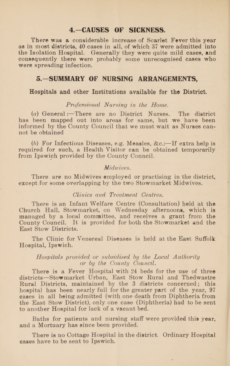 4.-CAUSES OF SICKNESS. There was a considerable increase of Scarlet Fever this year as in most districts, 40 cases in all, of which 37 were admitted into the Isolation Hospital. Generally they were quite mild cases, and consequently there were probably some unrecognised cases who were spreading infection. 5.—SUMMARY OF NURSING ARRANGEMENTS, Hospitals and other Institutions available for the District. Professional Nursing in the Home. (a) General:—There are no District Nurses. The district has been mapped out into areas for same, but we have been informed by the County Council that we must wait as Nurses can¬ not be obtained (h) For Infectious Diseases, e.g. Measles, &c.:—If extra help is required for such, a Health Visitor can be obtained temporarily from Ipswich provided by the County Conncil. Midwives. There are no Midwives employed or practising in the district, except for some overlapping by the two Stowmarket Midwives. Clinics and Treatment Centres. There is an Infant Welfare Centre (Consultation) held at the Church Hall, Stowmarket, on Wednesday afternoons, which is managed by a local committee, and receives a grant from the County Council. It is provided for both the Stowmarket and the East Stow Districts. The Clinic for Venereal Diseases is held at the East Suffolk Hospital, Ipswich. Hospitals provided or subsidised by the Local Authority or by the County Council. There is a Fever Hospital with 24 beds for the use of three districts—Stowmarket Urban, East Stow Rural and Thedwastre Rural Districts, maintained by the 3 districts concerned; this hospital has been nearly full for the greater part of the year, 97 cases in all being admitted (with one death from Diphtheria from the East Stow District), only one case (Diphtheria) had to be sent to another Hospital for lack of a vacant bed. Baths for patients and nursing staff were provided this year, and a Mortuary has since been provided. There is no Cottage Hospital in the district. Ordinary Hospital cases have to be sent to Ipswich.