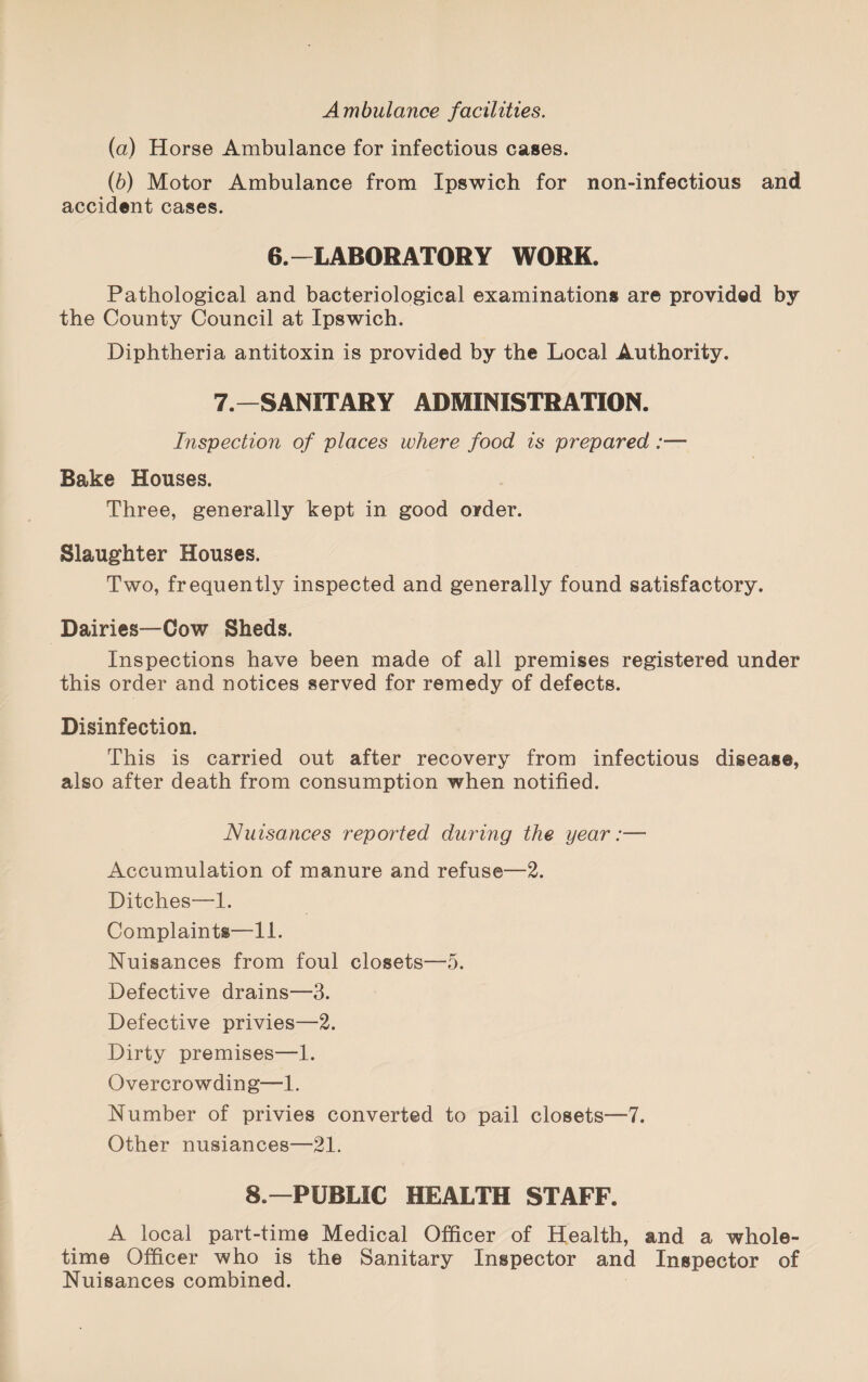 Ambulance facilities. (a) Horse Ambulance for infectious cases. (b) Motor Ambulance from Ipswich for non-infectious and accident cases. 6.-LABORATORY WORK. Pathological and bacteriological examinations are provided by the County Council at Ipswich. Diphtheria antitoxin is provided by the Local Authority. 7.—SANITARY ADMINISTRATION. Inspection of places where food is prepared :— Bake Houses. Three, generally kept in good order. Slaughter Houses. Two, frequently inspected and generally found satisfactory. Dairies—Cow Sheds. Inspections have been made of all premises registered under this order and notices served for remedy of defects. Disinfection. This is carried out after recovery from infectious disease, also after death from consumption when notified. Nuisances reported during the year:— Accumulation of manure and refuse—2. Ditches—1. Complaints—11. Nuisances from foul closets—5. Defective drains—3. Defective privies—2. Dirty premises—1. Overcrowding—1. Number of privies converted to pail closets—7. Other nusiances—21. 8.—PUBLIC HEALTH STAFF. A local part-time Medical Officer of Health, and a whole¬ time Officer who is the Sanitary Inspector and Inspector of Nuisances combined.