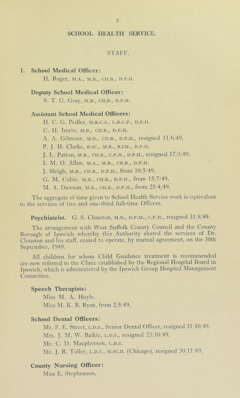 SCHOOL HLALTII SERVICE. STAl'l'. 1. School Medical Officer: M. Roger, m.a., m.h., cii.u., d.imi. Deputy School Medical Officer: S. T. G. Gray, m.b., cii.b., d.p.h. Assistant Sehool Medical Officers: H. C. G. Pcdlcr, M.R.C.S., l.r.c.p., d.p.h. C. H. Imrie, m.b., ch.b., d.p.h. A. A. Gilmour, m.d., ch.b., d.p.h., resigned 11/6/49. P. J. H. Clarke, b.sc., m.b., b.ch., d.p.h. J. L. Patton, M.B., ch.b., c.p.h., d.p.h., resigned 17/3/49. I. M. O. x-Mlan, M..^., M.B., CH.B., d.p.h. J. Sleigh, M.B., CH.B., D.P.H., from 10/5/49. G. M. Cubie, m.b., ch.b., d.p.h., from 15/7/49. M. A. Dawson, m.b., ch.b., d.p.h., from 25/4/49. 'Phe aggregate of time given to School Health Service work is equivalent to the services of two and one-third full-time Officers. Psychiatrist. G. S. Clouston, m.d., d.p.m., c.p.h., resigned 31/8/49. The arrangement with West Suffolk County Council and the County Borough of Ipswich whereby this Authority shared the services of Dr. Clouston and his staff, ceased to operate, by mutual agreement, on the 3()th September, 1949. All children for whom Child Guidance treatment is recommended are now referred to the Clinic established by the Regional Hospital Board in Ipswich, which is administered by the Ipswich Group Hospital Management Committee. Speech Therapists: Miss M. A. Hoyle. Miss M. K. B. Ryan, from 2/5/49. School Dental Officers: Mr. F. E. Street, l.d.s.. Senior Dental Officer, resigned 31 10/49. Mrs. J. M. W. Baikic, i-.D.s., resigned 23/10/49. Mr. C. D. Maepherson, l.d.s. Mr. J. R. 'Poller, l.d.s., m.sc.d. (Chicago), resigned 30/11/49. County Nursing Officer: Miss E. Stephenson.