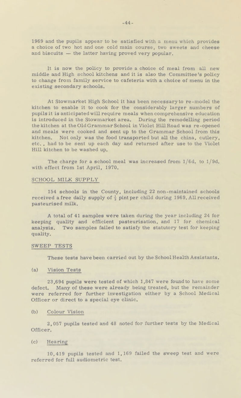 -44- 1969 and the pupils appear to be satisfied with a menu which provides a choice of two hot and one cold main course, two sweets and cheese and biscuits — the latter having proved very popular. It is now the policy to provide a choice of meal from all new middle and High school kitchens and it is also the Committee's policy to change from family service to cafeteria with a choice of menu in the existing secondary schools. At Stowmarket High School it has been necessary to re-model the kitchen to enable it to cook for the considerably larger numbers of pupils it is anticipated will require meals when comprehensive education is introduced in the Stowmarket area. During the remodelling period the kitchen at the Old Grammar School in Violet Hill Road was re-opened and meals were cooked and sent up to the Grammar School from this kitchen. Not only was the food transp>orted but all the china, cutlery, etc. , had to be sent up each day and returned after use to the Violet Hill kitchen to be washed up. The charge for a school meal was increased from l/6d. to l/9d. with effect from 1st April, 1970. SCHOOL MILK SUPPLY 154 schools in the County, including 22 non-maintained schools received a free daily supply of | pint per child during 1969. All received pasteurised milk. A total of 41 samples were taken during the year including 24 for keeping quality and efficient pasteurisation, and 17 for chemical analysis. Two samples failed to satisfy the statutory test for keeping quality. SWEEP TESTS These tests have been carried out by the School Health Assistants, (a) Vision Tests 23,694 pupils were tested of which 1,847 were found to have some defect. Many of these were already being treated, but the remainder were referred for further investigation either by a School Medical Officer or direct to a special eye clinic. (b) Colour Vision 2,057 pupils tested and 48 noted for further tests by the Medical Officer, (c) Hearing 10,419 pupils tested and 1,169 failed the sweep test and were referred for full audiometric test.