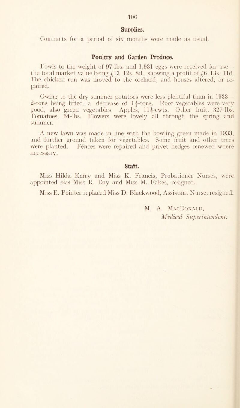 Supplies. Contracts for a period of six months were made as usual. Poultry and Garden Produce. Fowls to the weight of 97-lbs. and 1,931 eggs were received for use— the total market value being £13 12s. 8d., showing a profit of £6 13s. 1 Id. The chicken run was moved to the orchard, and houses altered, or re- paired. Owing to the dry summer potatoes were less plentiful than in 1933— 2-tons being lifted, a decrease of 1 J-tons. Root vegetables were very good, also green vegetables. Apples, llj-cwts. Other fruit, 327-lbs. Tomatoes, 64-lbs. Flowers were lovely all through the spring and summer. A new lawn was made in line with the bowling green made in 1933, and further ground taken for vegetables. Some fruit and other trees were planted. Fences were repaired and privet hedges renewed where necessary. Staff. Miss Hilda Kerry and Miss K. Francis, Probationer Nurses, were appointed vice Miss R. Day and Miss M. Fakes, resigned. Miss E. Pointer replaced Miss D. Blackwood, Assistant Nurse, resigned. M. A. MacDonald, Medical Superintendent.