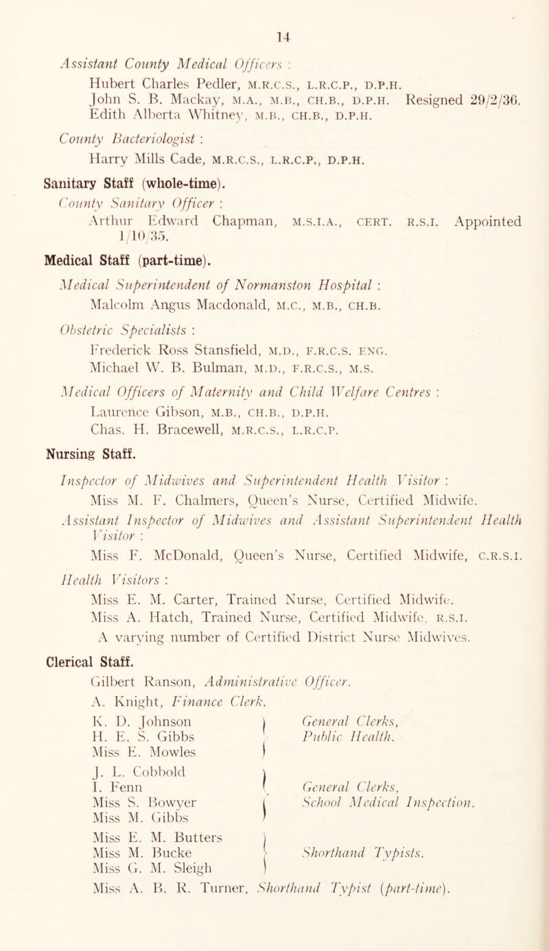 Assistant County Medical Officers : Hilbert Charles Pedler, m.r.c.s., l.r.c.p., d.p.h. John S. R. Mackay, m.a., ;m.h., ch.b., d.p.h. Resigned 29/2/30. Edith Allierta Whitney, m.h., ch.b., d.p.h. County Bacteriologist : Harry Mills Cade, m.r.c.s., l.r.c.p., d.p.h. Sanitary Staff (whole-time). County Sanitarv Officer : Arthur Edward Chapman, M.s.i.A., cert, r.s.i. Appointed 1 10 .35. Medical Staff (part-time). Medical Superintendent of Normanston Hospital : Malcolm Angus Macdonald, m.c., m.b., ch.b. Obstetric Specialists : k'rederick Ross Stansfield, m.d., f.r.c.s. eng. Michael W. B. Bulman, m.d., f.r.c.s., m.s. Medical Officers of Maternity and Child Welfare Centres : Laurence Gibson, m.b., ch.b., d.p.h. Chas. H. Bracewell, m.r.c.s., l.r.c.p. Nursing Staff. Inspector of Midwives and Superintendent Health Visitor : Miss M. E. Chalmers, Queen’s Nurse, Certified Midwife. Assistant Inspector of Midwives and Assistant Superintendent Health Visitor : Miss F. McDonald, Queen’s Nurse, Certified Midwife, c.R.s.i. Health Visitors : Miss E. M. Carter, Trained Nurse, Certified Midwife. Miss A. Hatch, Trained Nurse, Certified Midwife, r.s.i. A varying number of Certified District Nurse iMidwives. Clerical Staff. Gilbert Ranson, Administrative Officer. A. Knight, Finance Clerk. K. D. Johnson j H. E. S. Gibbs Miss E. Mowles I General Clerks, Public Health. J. L. Cobbold I. Fenn Miss S. Bowyer Miss M. Gibbs General Clerks, School Medical Inspection. Miss E. M. Butters j Miss M. Bucke [ Shorthajid Typists. Miss G. M. Sleigh ) Miss A. B. R. Turner, Shorthand Typist (part-time).