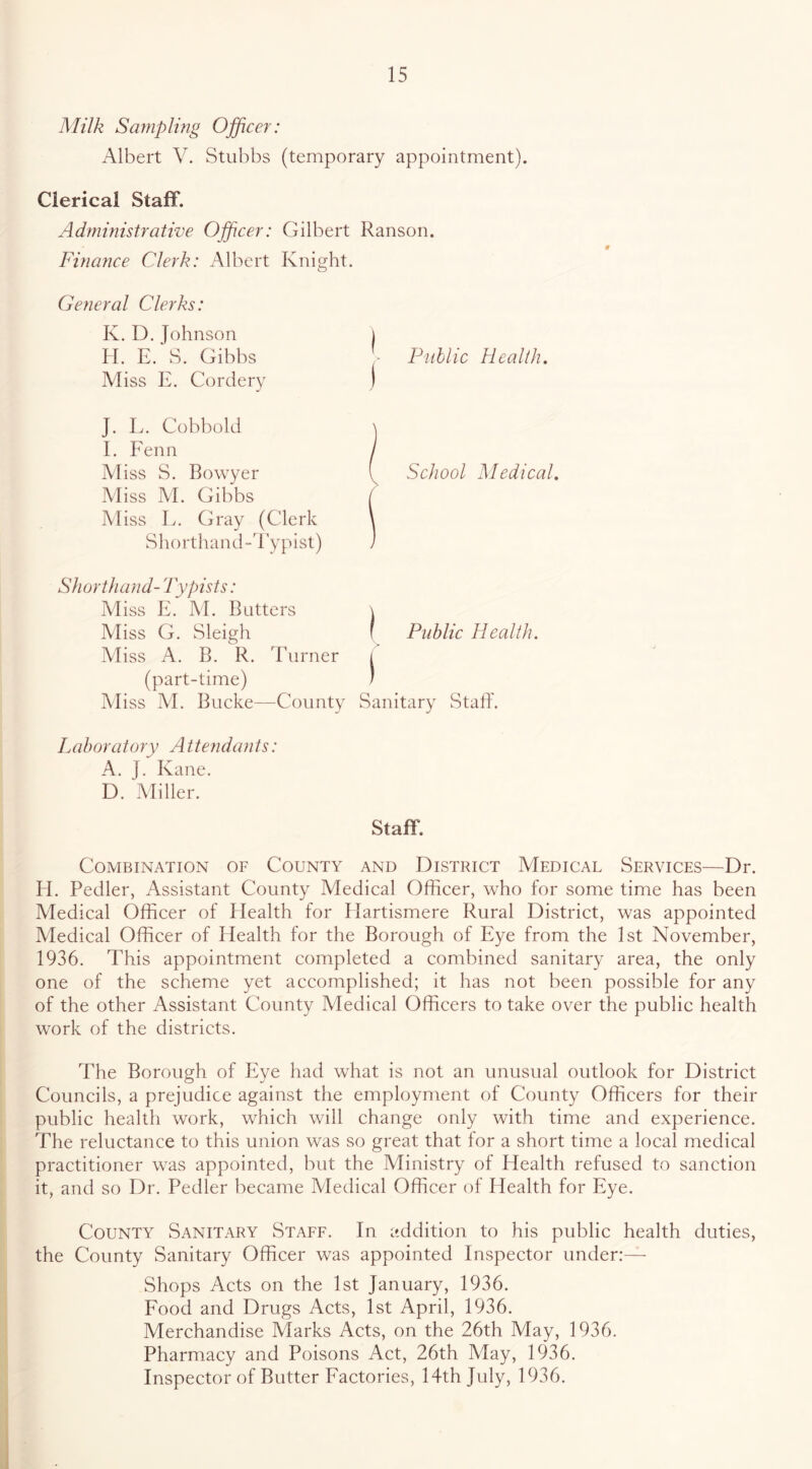 Milk Sampling Officer: Albert V. Stubbs (temporary appointment). Clerical Staff. Administrative Officer: Gilbert Ranson. Finance Clerk: Albert Knight. General Clerks: K. D. Johnson i H. E. S. Gibbs Public Health. Miss E. Cordery ) J. L. Cobbold \ E Fenn Miss S. Bowyer y School Medical, Aliss AI. Gibbs ( Aliss L. Gray (Clerk \ S h o rt ha n d - Ty p i st) / Shorthand- Typists: Miss E. AL Butters \ Aliss G. Sleigh f Public Health. Aliss A. B. R. Turner i (part-time) / Aliss AE Bucke—County Sanitary Stall'. Laboratory Attendants: A. J. Kane. D. Aliller. Staff. Combination of County and District Medical Services—Dr. H. Pedler, Assistant County Medical Officer, who for some time has been Medical Officer of Health for Hartismere Rural District, was appointed Medical Officer of Health for the Borough of Eye from the 1st November, 1936. This appointment completed a combined sanitary area, the only one of the scheme yet accomplished; it has not been possible for any of the other Assistant County Aledical Officers to take over the public health work of the districts. The Borough of Eye had what is not an unusual outlook for District Councils, a prejudice against the employment of County Officers for their public health work, which will change only with time and experience. The reluctance to this union was so great that for a short time a local medical practitioner was appointed, but the Ministry of Health refused to sanction it, and so Dr. Pedler became Aledical Officer of Health for Eye. County Sanitary Staff. In addition to his public health duties, the County Sanitary Officer was appointed Inspector under:— Shops Acts on the 1st January, 1936. Food and Drugs Acts, 1st April, 1936. Merchandise Alarks Acts, on the 26th May, 1936. Pharmacy and Poisons Act, 26th May, 1936. Inspector of Butter Factories, 14th July, 1936.