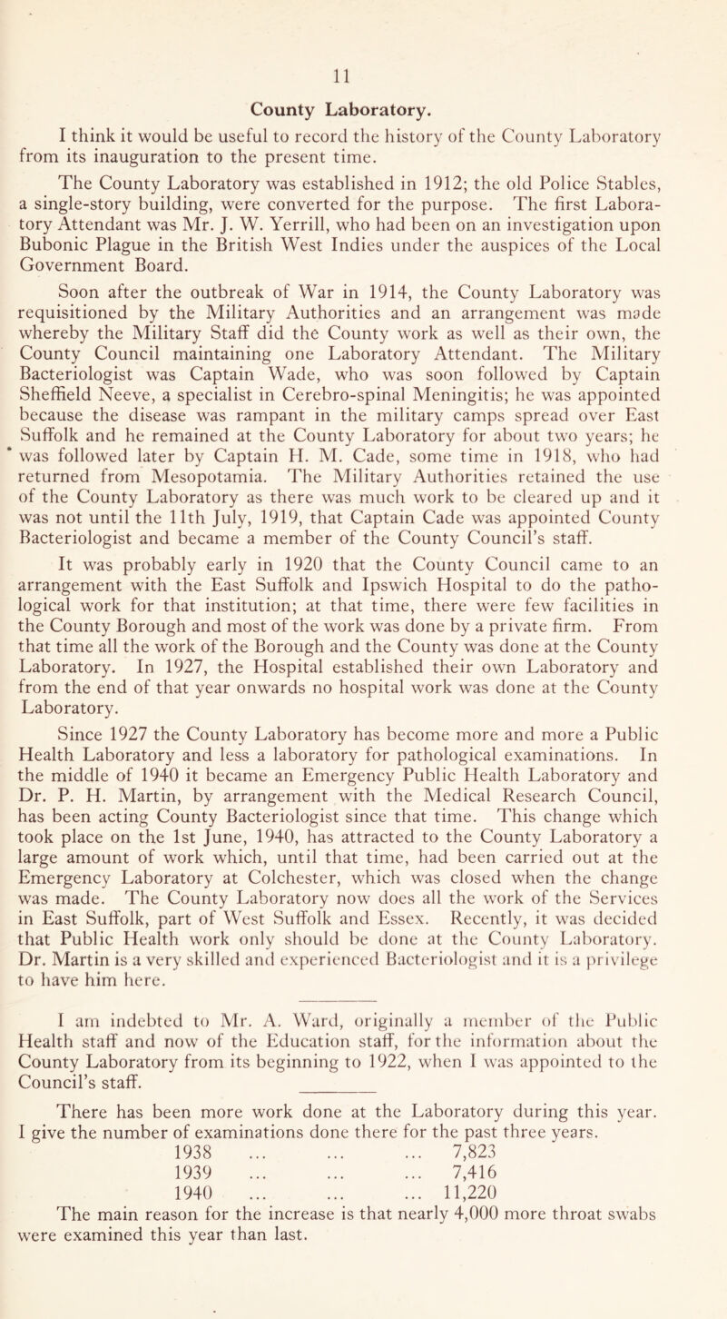 County Laboratory. I think it would be useful to record the history of the County Laboratory from its inauguration to the present time. The County Laboratory was established in 1912; the old Police Stables, a single-story building, were converted for the purpose. The first Labora- tory Attendant was Mr. J. W. Yerrill, who had been on an investigation upon Bubonic Plague in the British West Indies under the auspices of the Local Government Board. Soon after the outbreak of War in 1914, the County Laboratory was requisitioned by the Military Authorities and an arrangement was made whereby the Military Staff did the County work as well as their own, the County Council maintaining one Laboratory Attendant. The Military Bacteriologist was Captain Wade, who was soon followed by Captain Sheffield Neeve, a specialist in Cerebro-spinal Meningitis; he was appointed because the disease was rampant in the military camps spread over East Suffolk and he remained at the County Laboratory for about two years; he ‘ was followed later by Captain H. M. Cade, some time in 1918, who had returned from Mesopotamia, The Military Authorities retained the use of the County Laboratory as there was much work to be cleared up and it was not until the 11th July, 1919, that Captain Cade was appointed County Bacteriologist and became a member of the County Council’s staff. It was probably early in 1920 that the County Council came to an arrangement with the East Suffolk and Ipswich Hospital to do the patho- logical work for that institution; at that time, there were few facilities in the County Borough and most of the work was done by a private firm. From that time all the work of the Borough and the County was done at the County Laboratory. In 1927, the Hospital established their own Laboratory and from the end of that year onwards no hospital work was done at the County Laboratory. Since 1927 the County Laboratory has become more and more a Public Health Laboratory and less a laboratory for pathological examinations. In the middle of 1940 it became an Emergency Public Health Laboratory and Dr. P. H. Martin, by arrangement with the Medical Research Council, has been acting County Bacteriologist since that time. This change which took place on the 1st June, 1940, has attracted to the County Laboratory a large amount of work which, until that time, had been carried out at the Emergency Laboratory at Colchester, which was closed when the change was made. The County Laboratory now does all the work of the Services in East Suffolk, part of West Suffolk and Essex. Recently, it was decided that Public Health work only should be done at the County Laboratory. Dr. Martin is a very skilled and experienced Bacteriologist and it is a privilege to have him here. I am indebted to Mr. A. Ward, originally a member of the Public Health staff and now of the Education staff, for the information about the County Laboratory from its beginning to 1922, when I was appointed to the Council’s staff. There has been more work done at the Laboratory during this year. I give the number of examinations done there for the past three years. 1938 ... ... ... 7,823 1939 ... ... ... 7,416 1940 ... 11,220 The main reason for the increase is that nearly 4,000 more throat swabs were examined this year than last.