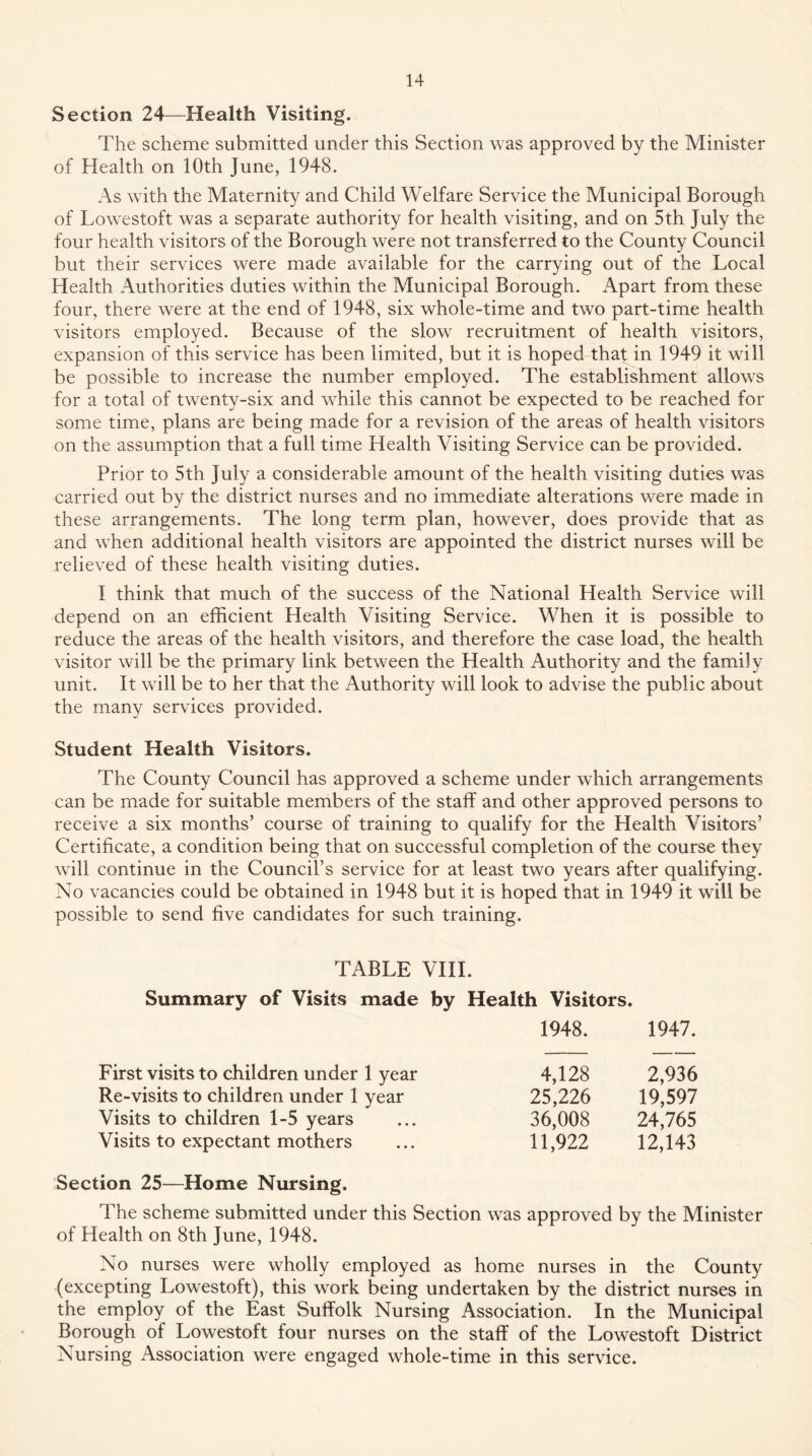 Section 24—Health Visiting. The scheme submitted under this Section was approved by the Minister of Health on 10th June, 1948. As with the Maternity and Child Welfare Service the Municipal Borough of Lowestoft was a separate authority for health visiting, and on 5th July the four health visitors of the Borough were not transferred to the County Council but their services were made available for the carrying out of the Local Health Authorities duties within the Municipal Borough. Apart from these four, there were at the end of 1948, six whole-time and two part-time health visitors employed. Because of the slow recruitment of health visitors, expansion of this service has been limited, but it is hoped that in 1949 it will be possible to increase the number employed. The establishment allows for a total of twenty-six and while this cannot be expected to be reached for some time, plans are being made for a revision of the areas of health visitors on the assumption that a full time Health Visiting Service can be provided. Prior to 5th July a considerable amount of the health visiting duties was carried out by the district nurses and no immediate alterations were made in these arrangements. The long term plan, however, does provide that as and when additional health visitors are appointed the district nurses will be relieved of these health visiting duties. I think that much of the success of the National Health Service will depend on an efficient Health Visiting Service. When it is possible to reduce the areas of the health visitors, and therefore the case load, the health visitor will be the primary link between the Health Authority and the family unit. It will be to her that the Authority will look to advise the public about the many services provided. Student Health Visitors. The County Council has approved a scheme under which arrangements can be made for suitable members of the staff and other approved persons to receive a six months’ course of training to qualify for the Health Visitors’ Certificate, a condition being that on successful completion of the course they will continue in the Council’s service for at least two years after qualifying. No vacancies could be obtained in 1948 but it is hoped that in 1949 it will be possible to send five candidates for such training. TABLE VIII. Summary of Visits made by Health Visitors. 1948. 1947. First visits to children under 1 year 4,128 2,936 Re-visits to children under 1 year 25,226 19,597 Visits to children 1-5 years 36,008 24,765 Visits to expectant mothers 11,922 12,143 Section 25—Home Nursing. The scheme submitted under this Section was approved by the Minister of Health on 8th June, 1948. No nurses were wholly employed as home nurses in the County (excepting Lowestoft), this work being undertaken by the district nurses in the employ of the East Suffolk Nursing Association. In the Municipal Borough of Lowestoft four nurses on the staff of the Lowestoft District Nursing Association were engaged whole-time in this service.