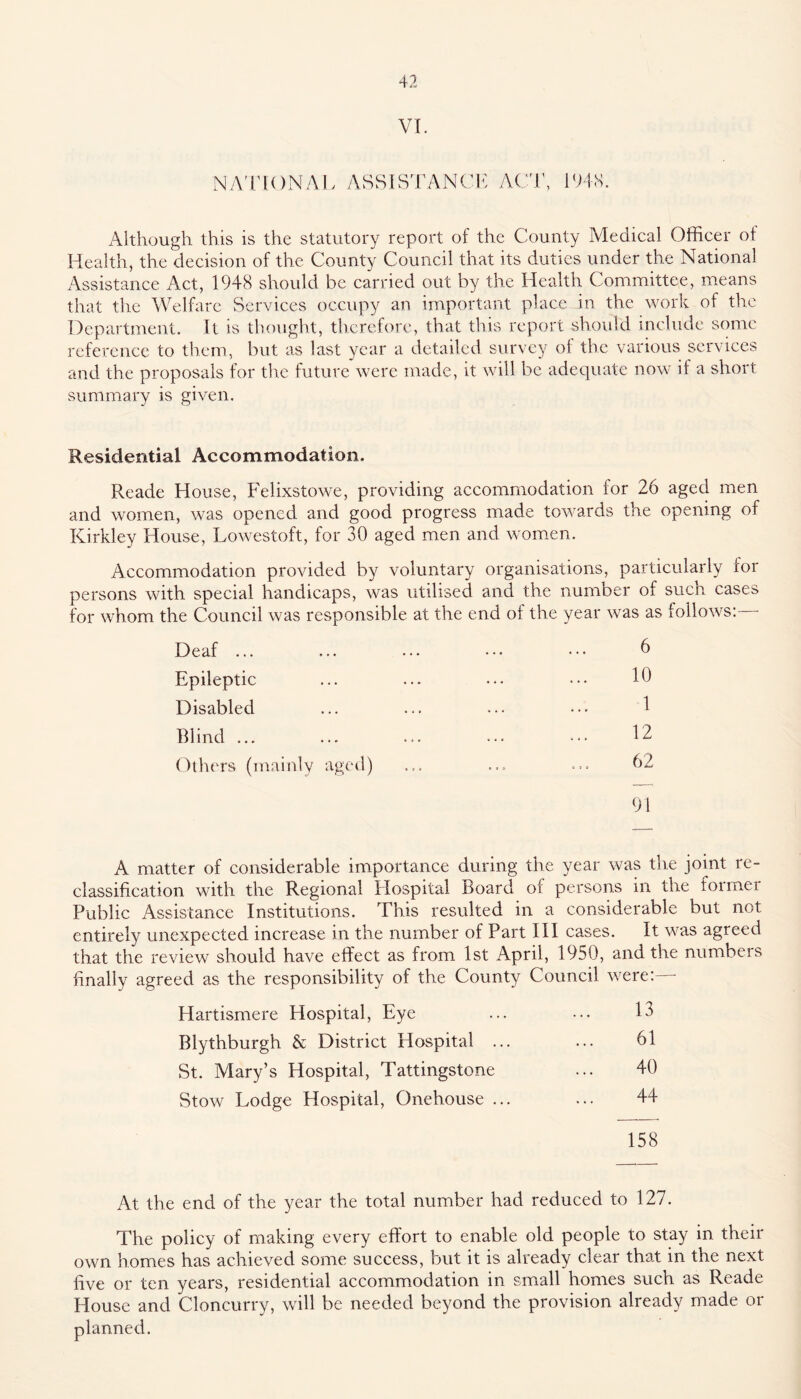 VI. NA'riONAL ASSISTANCK AC'I', 1448. Although this is the statutory report of the County Medical Officer of Health, the decision of the County Council that its duties under the National Assistance Act, 1948 should be carried out by the Health Committee, means that the Welfare Scr\dces occupy an important place in the work of the Department. It is thought, therefore, that tlris report shoidd include some reference to them, but as last year a detailed survey ot the various services and the proposals for tlic future were made, it will be adequate now if a short summary is given. Residential Accommodation. Reade House, Felixstowe, providing accommodation for 26 aged men and women, was opened and good progress made towards the opening of Kirkley House, Lowestoft, for 30 aged men and women. Accommodation provided by voluntary organisations, particularly ror persons with special handicaps, was utilised and the number of suen cases for whom the Council was responsible at the end of the year was as follows: Deaf ... Epileptic Disabled Blind ... Others (mainly aged) 6 10 1 12 62 A matter of considerable importance during the year was the joint re- classification with the Regional Hospital Board of persons in the formei Public Assistance Institutions. This resulted in a considerable but not entirely unexpected increase in the number of Part HI cases. It was agreed that the review should have effect as from 1st April, 1950, and the numbers finally agreed as the responsibility of the County Council were:— Hartismere Hospital, Eye ... 15 Blythburgh & District Hospital ... ... 61 St. Mary’s Hospital, Tattingstone ... 40 Stow Lodge Hospital, Onehouse ... ... 44 158 At the end of the year the total number had reduced to 127. The policy of making every effort to enable old people to stay in their own homes has achieved some success, but it is already clear that in the next five or ten years, residential accommodation in small homes such as Reade House and Cloncurry, will be needed beyond the provision already made or planned.