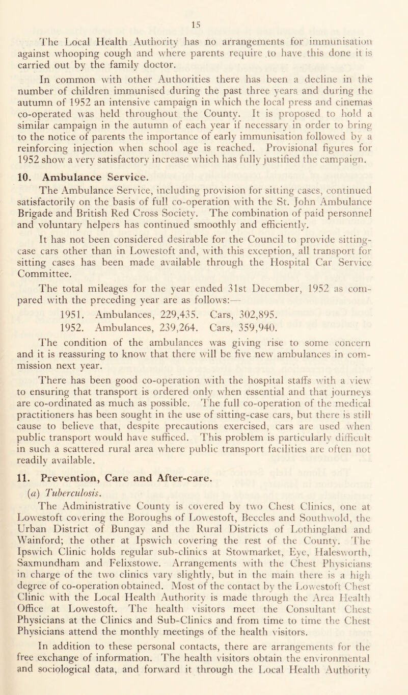 The Local. Health Authority has no arrangements for immunisation against whooping cough and where parents require to have this done it is carried out by the family doctor. In common with other Authorities there has been a decline in the number of children immunised during the past three years and during the autumn of 1952 an intensive campaign in which the local press and cinemas co-operated was held throughout the County. It is proposed to hold a similar campaign in the autumn of each year if necessary in order to bring to the notice of parents the importance of early immunisation followed by a reinforcing injection when school age is reached. Provisional figures for 1952 show' a very satisfactory increase wdiich has fully justified the campaign. 10. Ambulance Service. The Ambulance Service, including provision for sitting cases, continued satisfactorily on the basis of full co-operation wdth the St. John Ambulance Brigade ancl British Red Cross Society. The combination of paid personnel and voluntary helpers has continued smoothly and effieiently. It has not been considered desirable for the Council to provide sitting- case cars other than in Lowestoft and, with this exception, all transport for sitting cases has been made available through the Hospital Car Service Committee. The total mileages for the year ended 31st December, 1952 as com- pared wdth the preceding year are as follows:— 1951. Ambulances, 229,435. Cars, 302,895. 1952. Ambulances, 239,264. Cars, 359,940. The condition of the ambulances was giving rise to some concern and it is reassuring to know that there will be five new ambulances in com- mission next year. There has been good co-operation with the hospital staffs w/ith a view^ to ensuring that transport is ordered only w-hen essential and that journeys are co-ordinated as much as possible. The full co-operation of the medical practitioners has been sought in the use of sitting-case cars, but there is still cause to believe that, despite precautions exercised, cars are used wdien public transport w^ould have sufficed. This problem is particularly difficult in such a scattered rural area where public transport facilities are often not readily available. 11. Prevention, Care and After-care. («) Tuberculosis. The Administrative County is covered by two Chest Clinics, one at Low'estoft covering the Boroughs of Lowestoft, Beccles and Southwold, the Urban District of Bungay and the Rural Districts of Lothingland and Wainford; the other at Ipsw'ich covering the rest of the County. The Ipswich Clinic holds regular sub-clinics at Stow'market, Eye, Halesworth, Saxmundham and Felixstow'e. Arrangements with the Chest Physicians in charge of the tw^o clinics vary slightly, but in the main there is a higli degree of co-operation obtained. Most of the contact by the Lovrestoft Chest Clinic with the Local Ilealth Authority is made through the Area Health Office at Lowestoft. The health visitors meet the Consultant Chest Physicians at the Clinics and Sub-Clinics and from time to time the Chest Physicians attend the monthly meetings of the health visitors. In addition to these personal contacts, there are arrangements for the free exchange of information. The health visitors obtain the environmental and sociological data, and forward it through the Local Health Authority